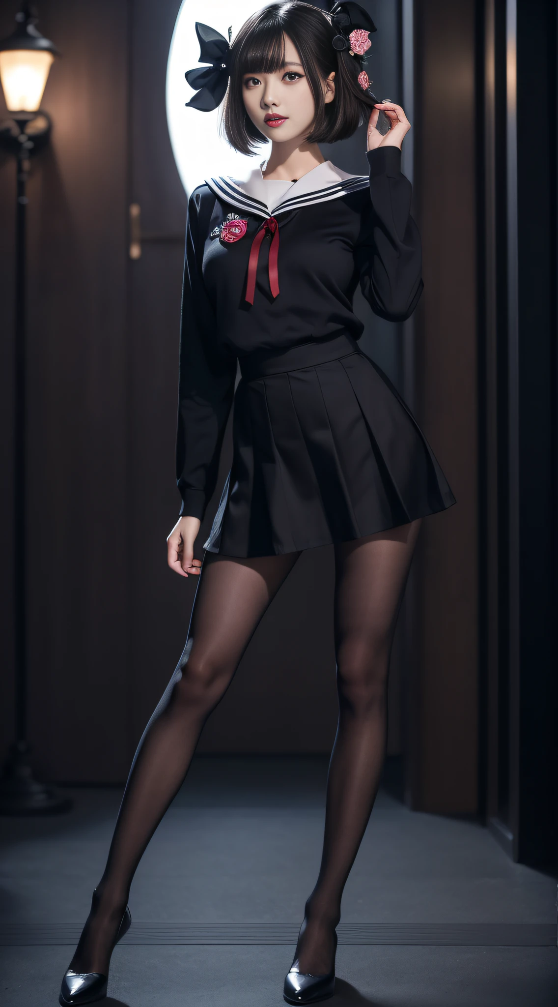 Charming beauties、a sailor suit、pleatedskirt、black pantyhose、Black flower hair ornament、charming oval face、二重まぶた、Clear eyes、Dark red lipstick、Beautiful thin legs、toned ankles、The ultra -The high-definition、The ultra-detailliert、Elegant standing figure、Create a slender lower body curve、Expressing adult femininity、top-quality、8K、ultra-detailliert、soio、9 head body、Night、Move ki、The Darkness、seductiv、brainwashed、Evil Fall、wicked