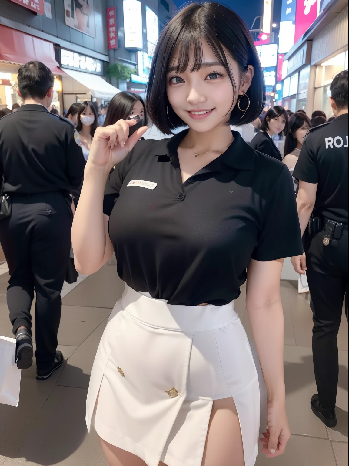 black hair, police costume, black hair, wince, solid circle eyes, best qualityblack hair, 18 years old, slender and busty body, bob cut, aqua eyes, blush stickers, grin, smile with teeth, whole body, younger sister girl, round face, slightly puffed cheeks, eyebrows downward, light blush, Double eyelids, Look at viewers, affectionate cute, cute girl, surreal high school girl, Look at viewers, Hinano Himeno, crowd of guests, TOKYOcty, one little star earring, lively eyes, Bustling background, parted lips, TOKYOcty, bustling shopping street, female police officer, BAR at night , Light blue long skirt , Three-dimensional nipples, akihabara, Surrealism, tachi-e, pov, atmospheric perspective, depth of field, Nikon, 8k, super detail, ccurate, masterpiece, high details, anatomically correct, award winning