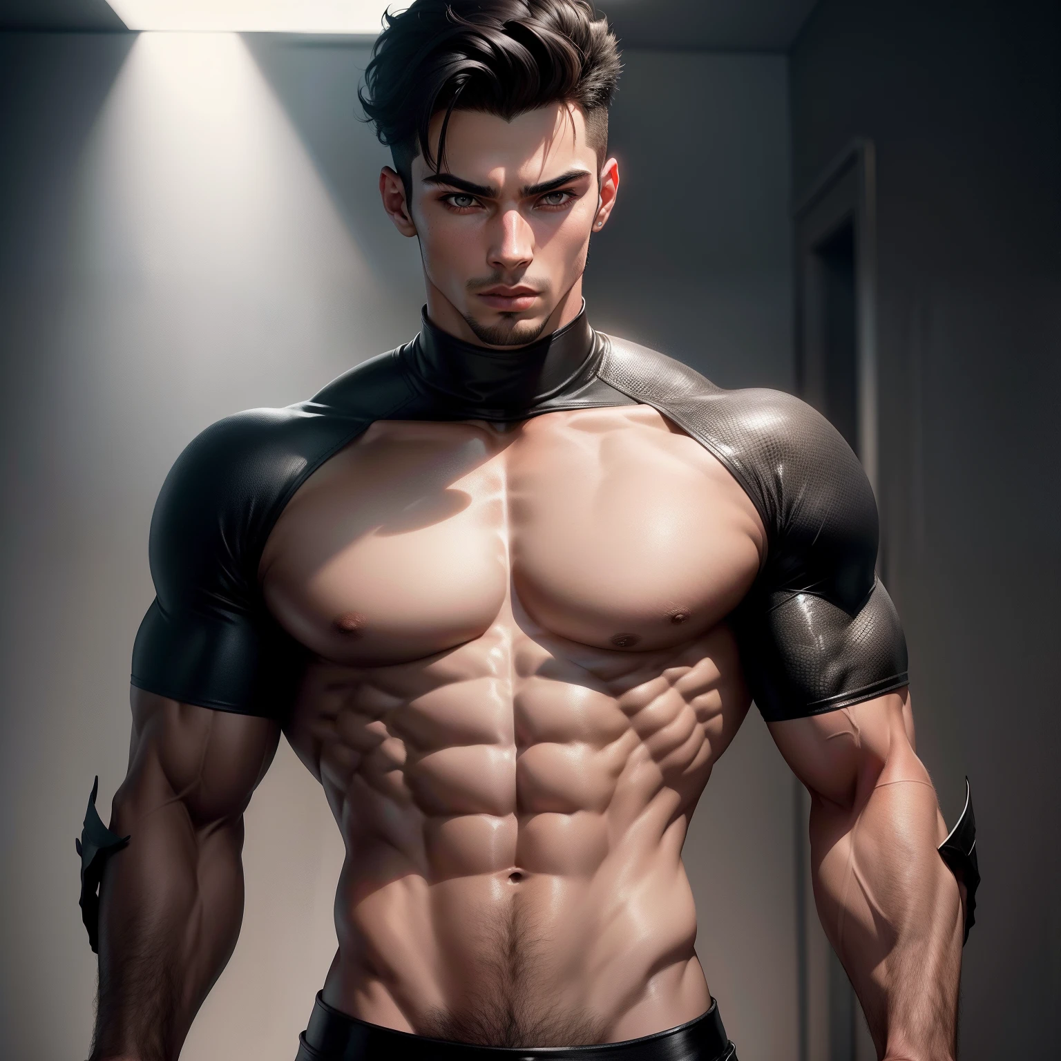 1 Masculino, solo, 15 anos, modelo masculino, Reotard Preto, alto e corpulento, biceped, Abs, Boobgasm, melhor qualidade, tmasterpiece, A high resolution:1.2, Rosto detalhado, Sombreamento, volumeric lighting,Corpo inteiro como