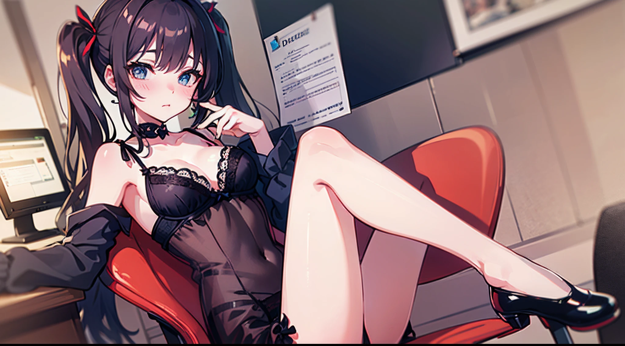 detailde face, detailed eyes, (((8k))),masterpiece, high quality,Symmetrical chair,,((outfit lingerie)) sitting knee-together, legs open,((masterpiece)), Office, sitting, chair, desk, computer on desk, indoor, blush, sexy pose, ((long twintail)),iori/, blue archive/, --auto --s2