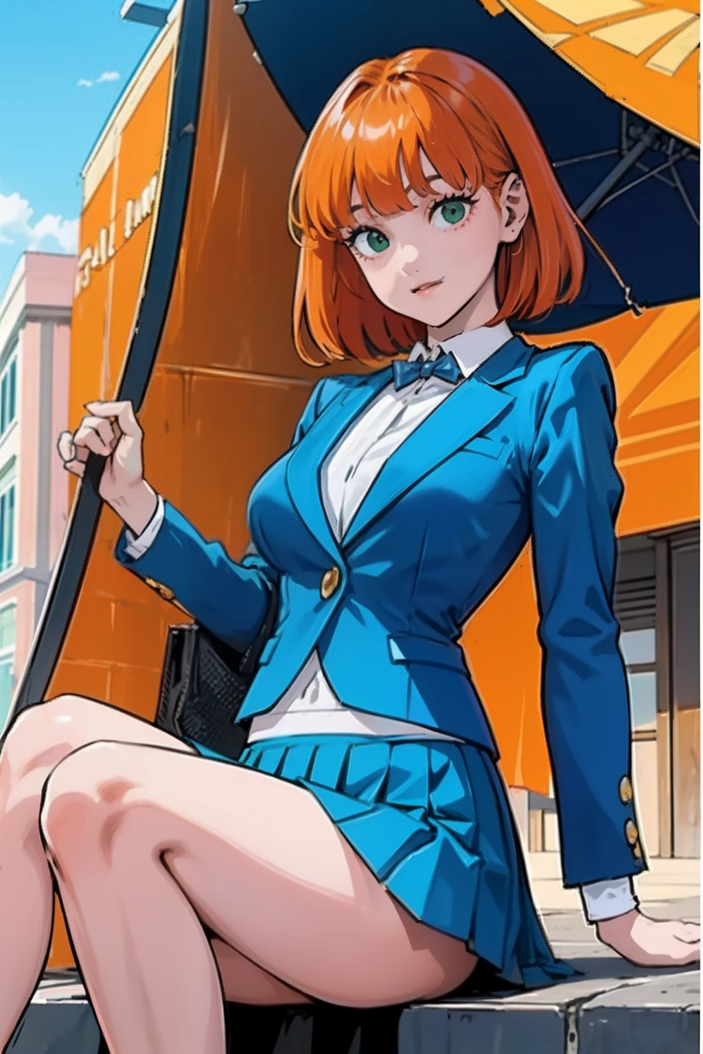 hight resolution、​masterpiece、1girl in、Orange hair、Medium Hair、Honor Students、skinny thigh、Gentle girl、Gentle girl、C-shaped eyebrows、Oblique eyebrows、Oblique eyebrows、Falling eyebrows、Amanemas V2、pandballgt、Blue-green blazer、Navy blue pleated skirt、School uniform