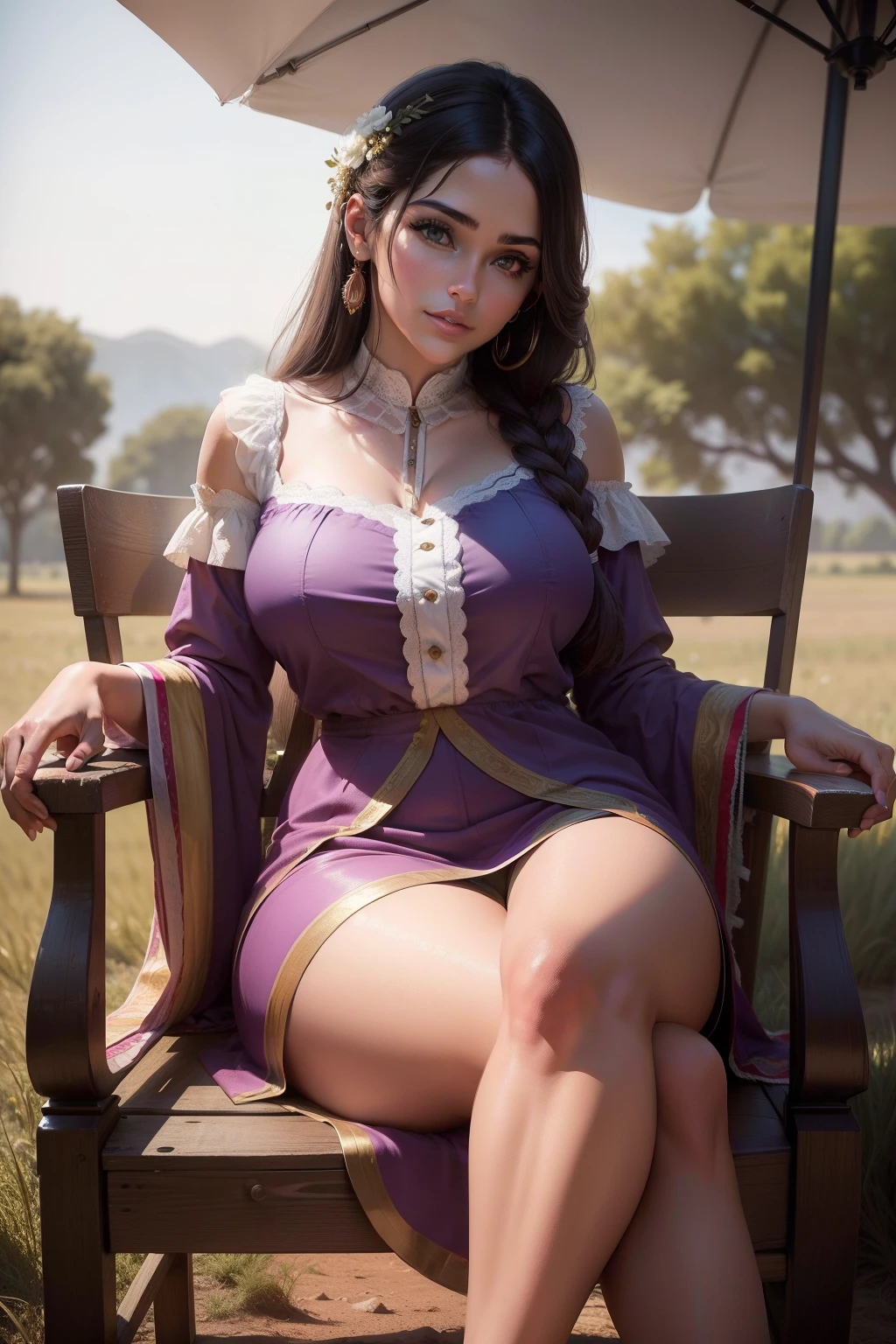Una chica muy sexy, grandes senos y gran trasero, Sitting and relaxing in the chair in the field, Vestimenta muy corta, Very short traditional Pakistani, pegado al cuerpo, What your legs look like, What Your Breasts Look Like, pose sexy, 8 k resolution, 32k resolution, cinematic lighting