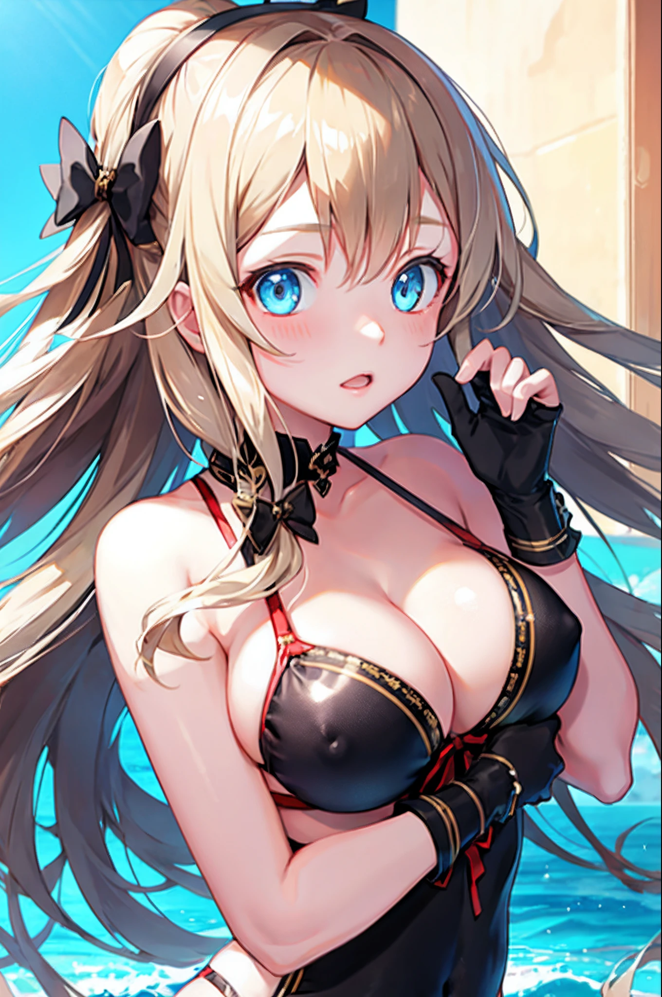 Yukka ende, masterpiece, best quality, black swimsuit, red small hair bows, blonde hair, face close-up, (portrait), shiny blue eyes, day, pool, bokeh, outdoors, embarrassed, side away, wet, dynamic pose, dynamic angle
