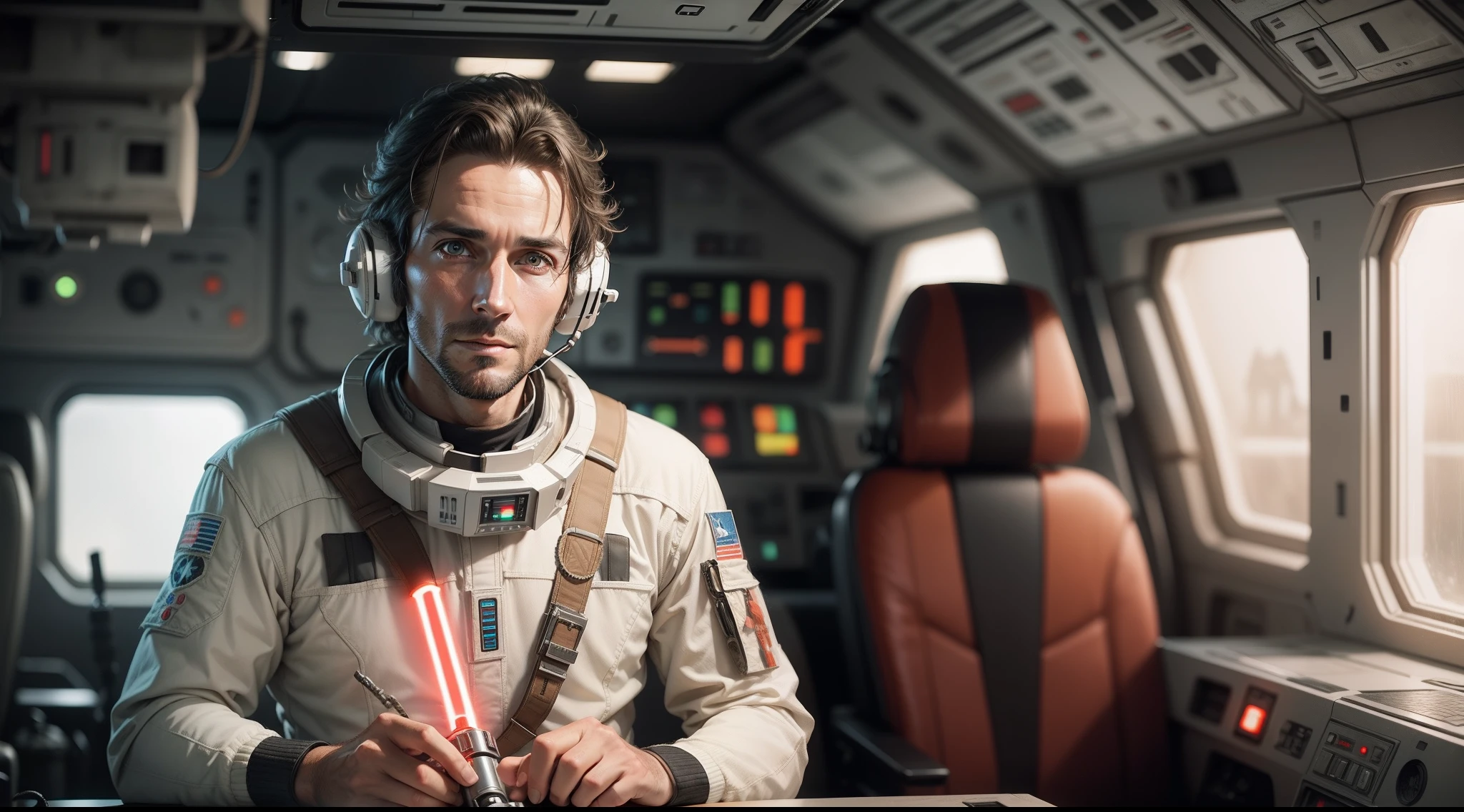 36-year-old man on a spaceship from the Star Wars movie with a lightsaber in his hand
