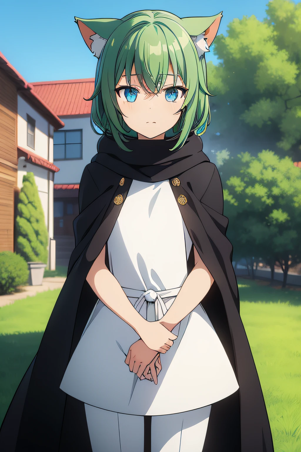 1 woman, greenhair, tan skin, blue eyes, cat ears, cat tail, white dress, black pants, white boots, black cloak