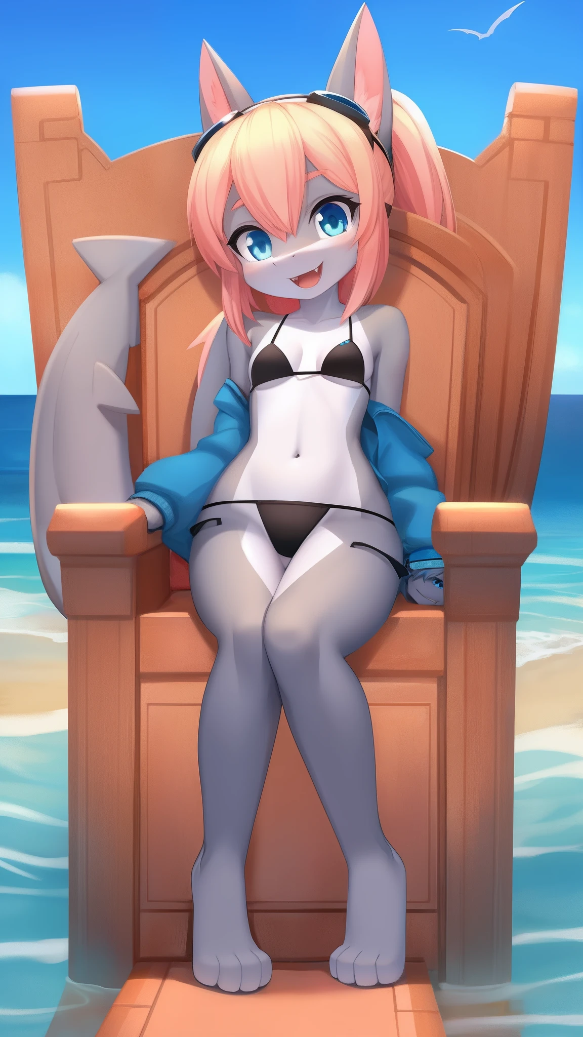 Furry girl, shark, cute hair, long ponytail, two tone hairstyle, blonde hair, pink hair, blue eyes, medium breasts, detailed body fur, sleeveless blue jacket, open clothes, black micro bikini, masterpiece, looking at you, two tone body fur, gray body fur, clear gray body fur, detailed face, detailed eyes, detailed body, beach, clear sky, detailed hands, glistering body, skinny, spectacular effect, goggles, fangs, :D, sea throne, sit on throne,