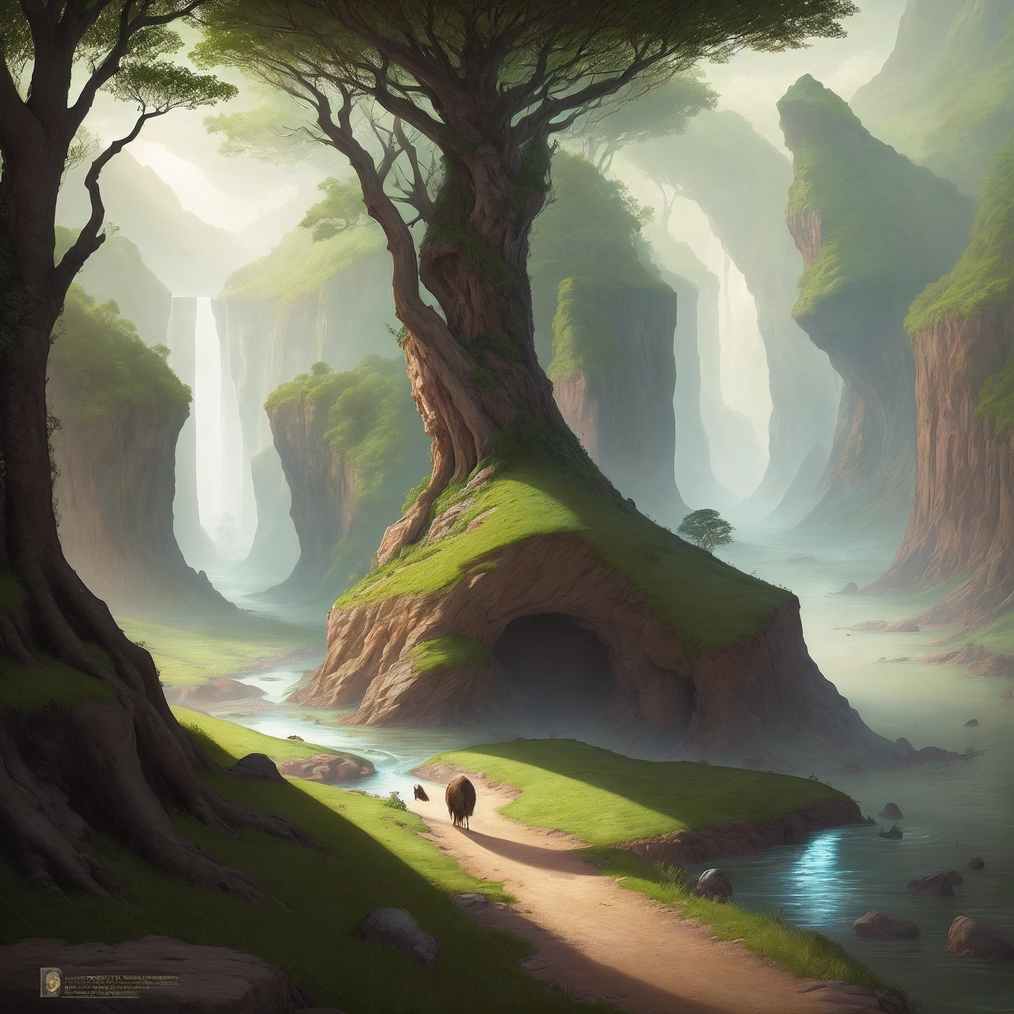 Show me a series of images depicting life and landscape in the pre-flood era, highlighting exotic creatures, the lush vegetation and stunning environments of this geological period."