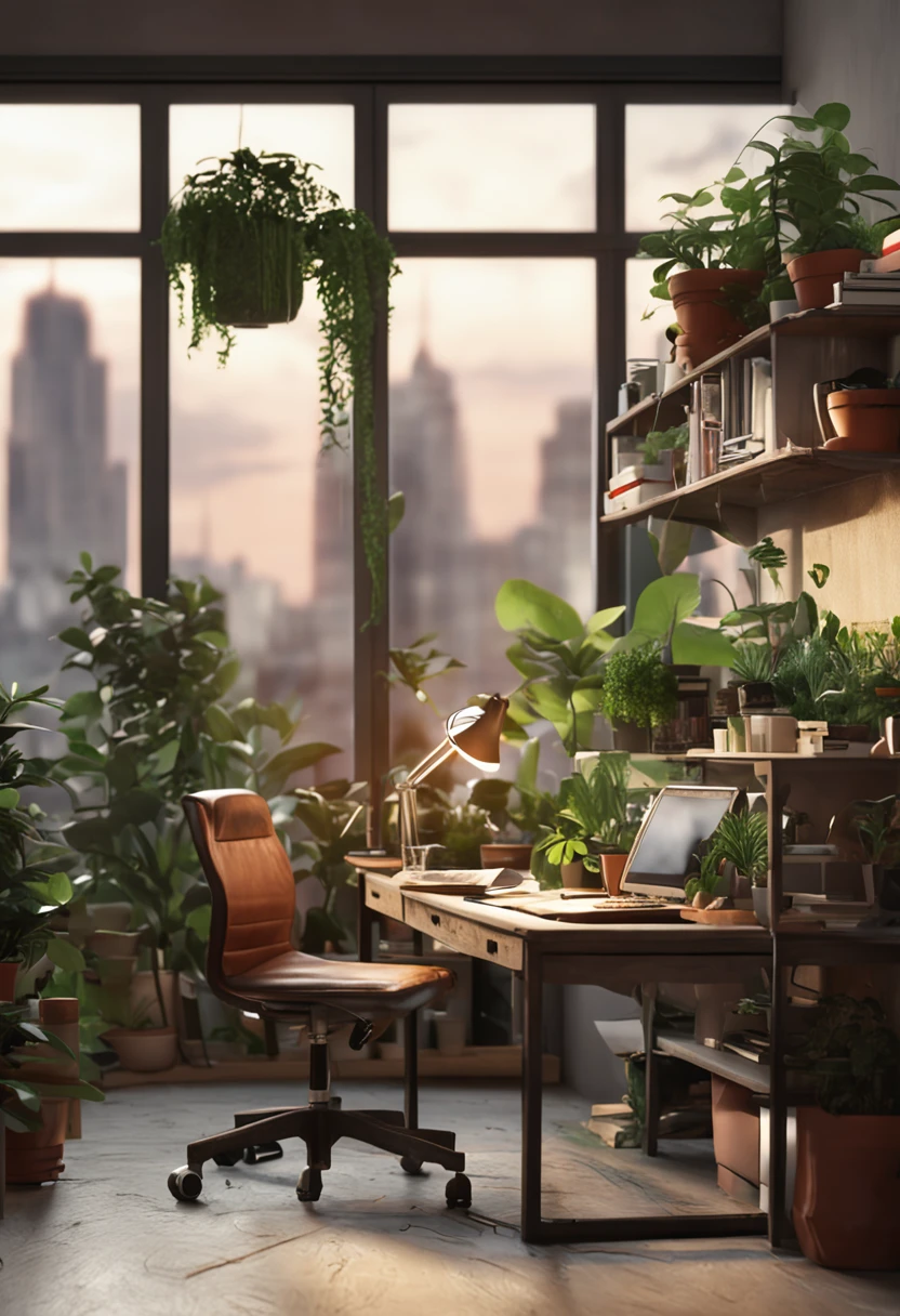 an artist desk with plants, books, paper, laptop, shelf, drawers, with a view to a green urban scenery