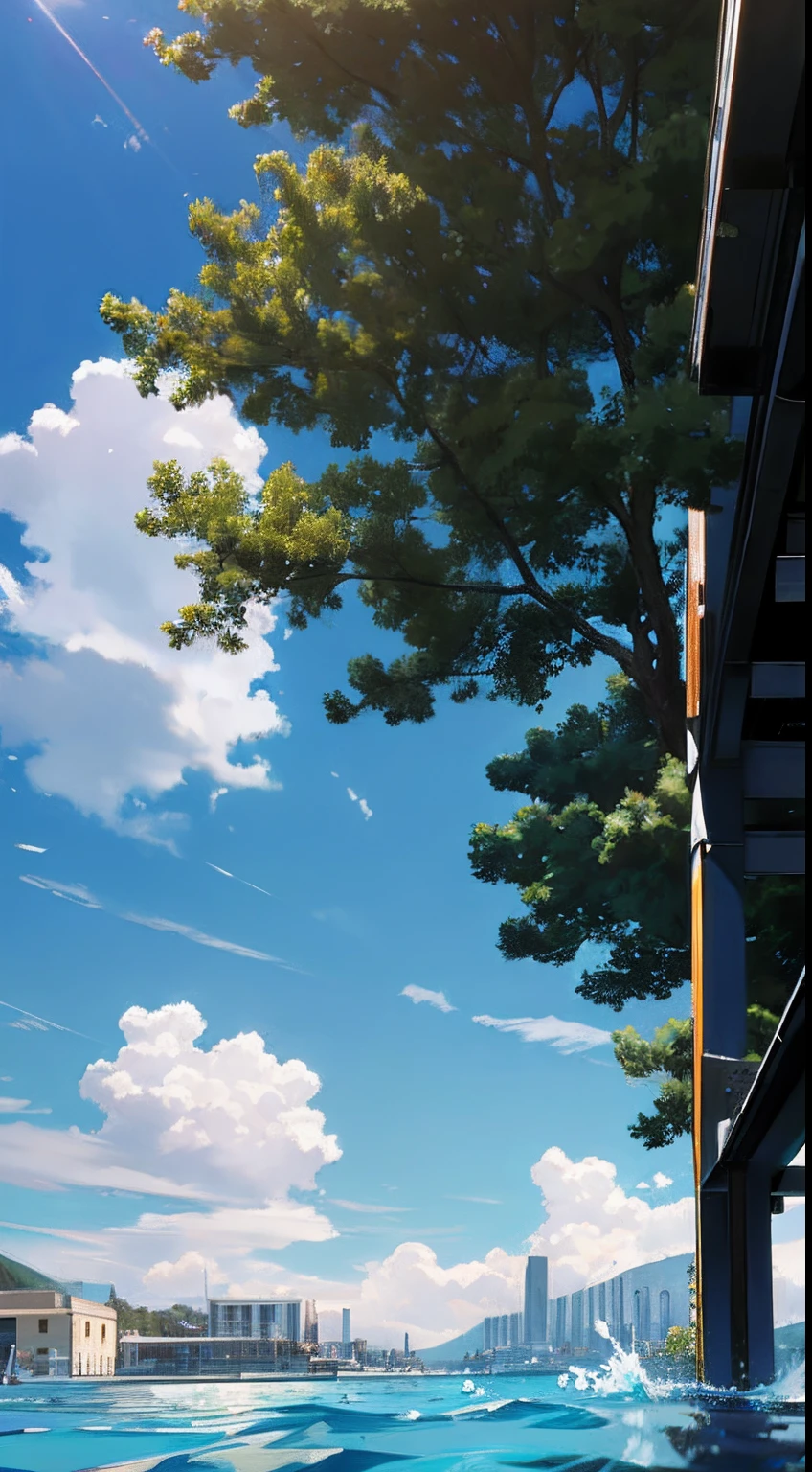 no humans, scenery, vanishing point, from below, masterpiece, best quality, 8k, absurdres, water surface, summer, noon, sunlight, blue sky, perspective, depth of field, highres, finely detail, ultra-detailed, sharp focus, high school, school building, in distance
