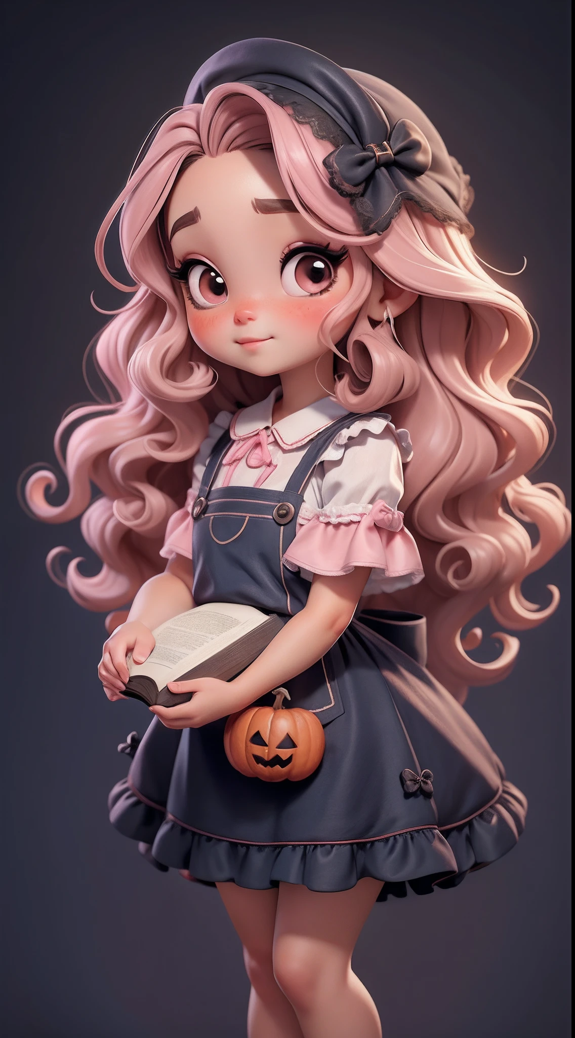 Create a series of chibi style dolls with a cute halloween theme, each with lots of detail and in an 8K resolution. All dolls should follow the same solid background pattern and be complete in the image, mostrando o (corpo inteiro, incluindo as pernas: 1.5)
Boneca Aprendiz de Bruxa: Chame-a de Mia. She should have medium wavy hair in a shade of light brown. Seus olhos devem ser grandes e curiosos, with long eyelashes and slightly pinkish cheeks. Mia deve estar vestida com um vestido colorido e uma blusa de bolinhas. She must hold a mini cauldron and an open book. Add details like pockets and ruffles to the apron to make it even more charming, sapato bonito
Certifique-se de adicionar sombras, texturas e detalhes nos cabelos, roupas, cute halloween utensils, to make them even more adorable and charming.