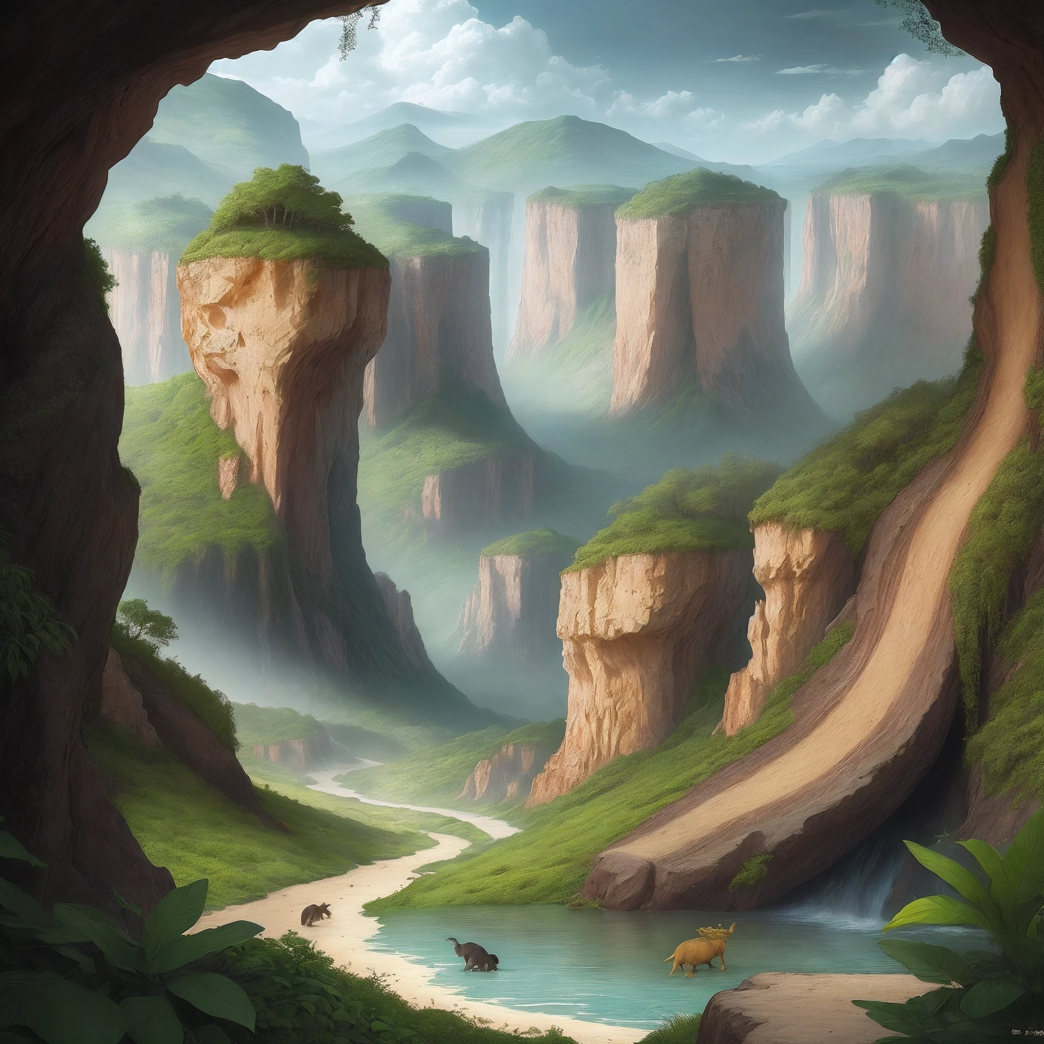 Show me a series of images depicting life and landscape in the pre-flood era, highlighting exotic creatures, the lush vegetation and stunning environments of this geological period."