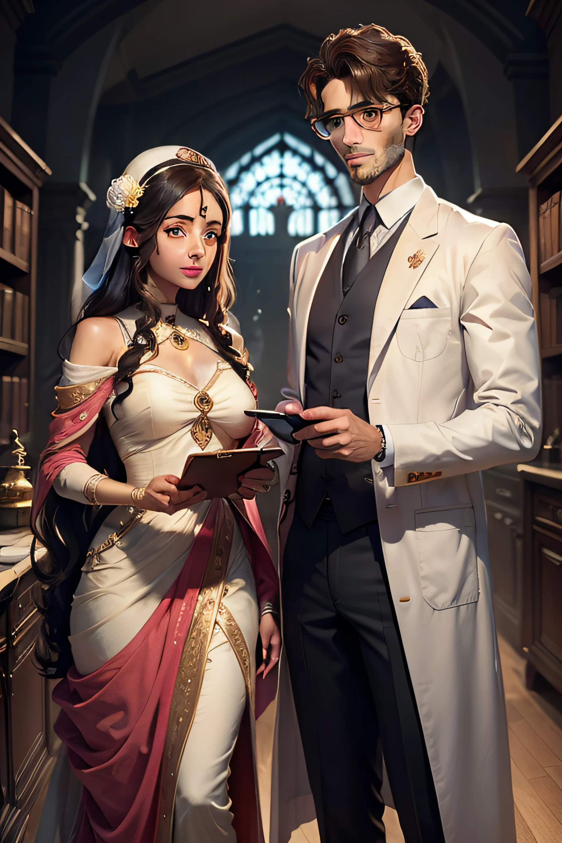 beautiful lady scientist and handsome scientist faal in love 2d art