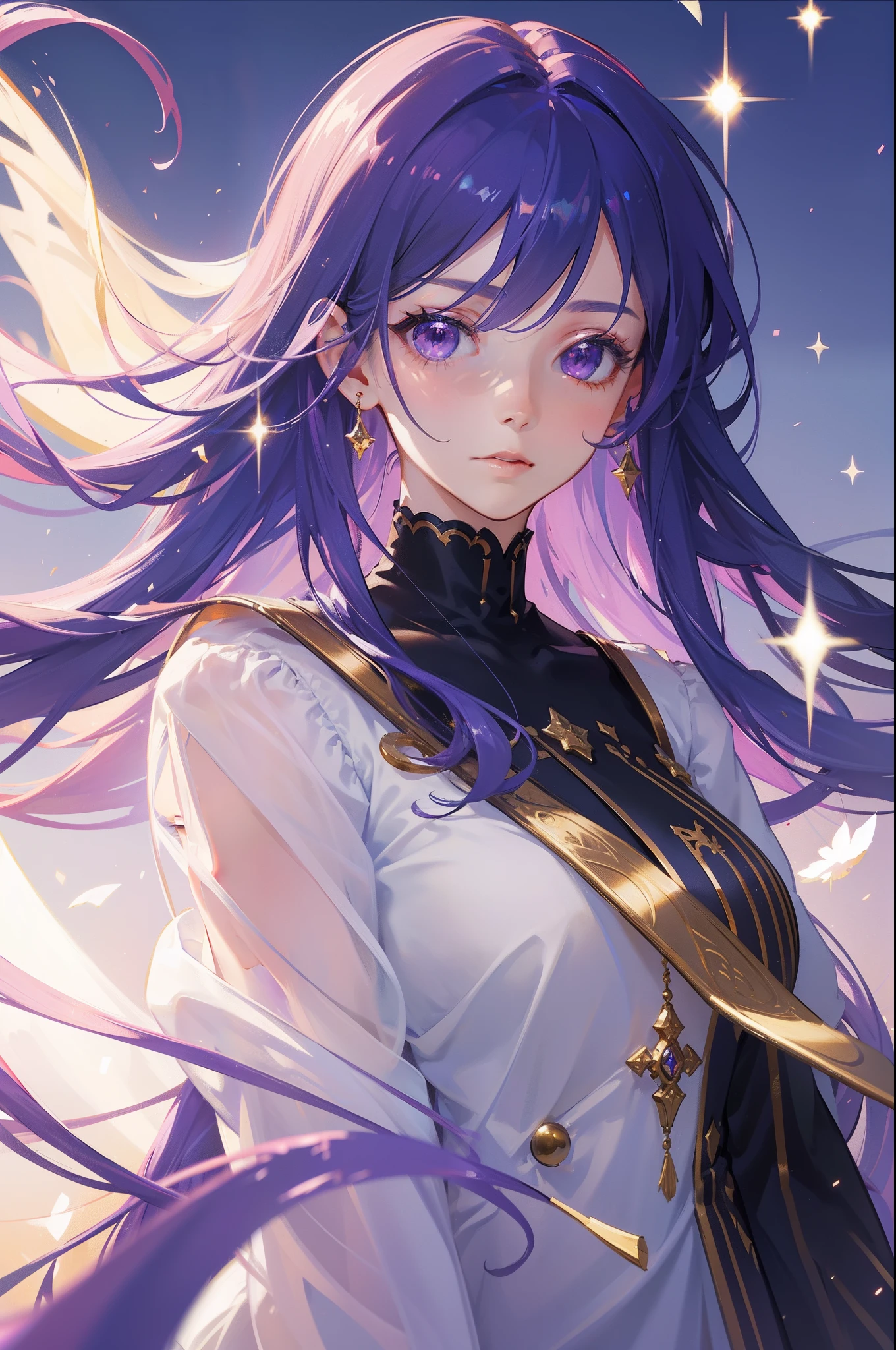 masterpiece, best quality, beautiful detailed hair detailed face, perfect feminine face, close-up potrait, a beautiful and cute girl with sparkling and glowing purple hair, floating hair by wind, (sparkle particle), lens flare, sharp focus, volumetric lighting