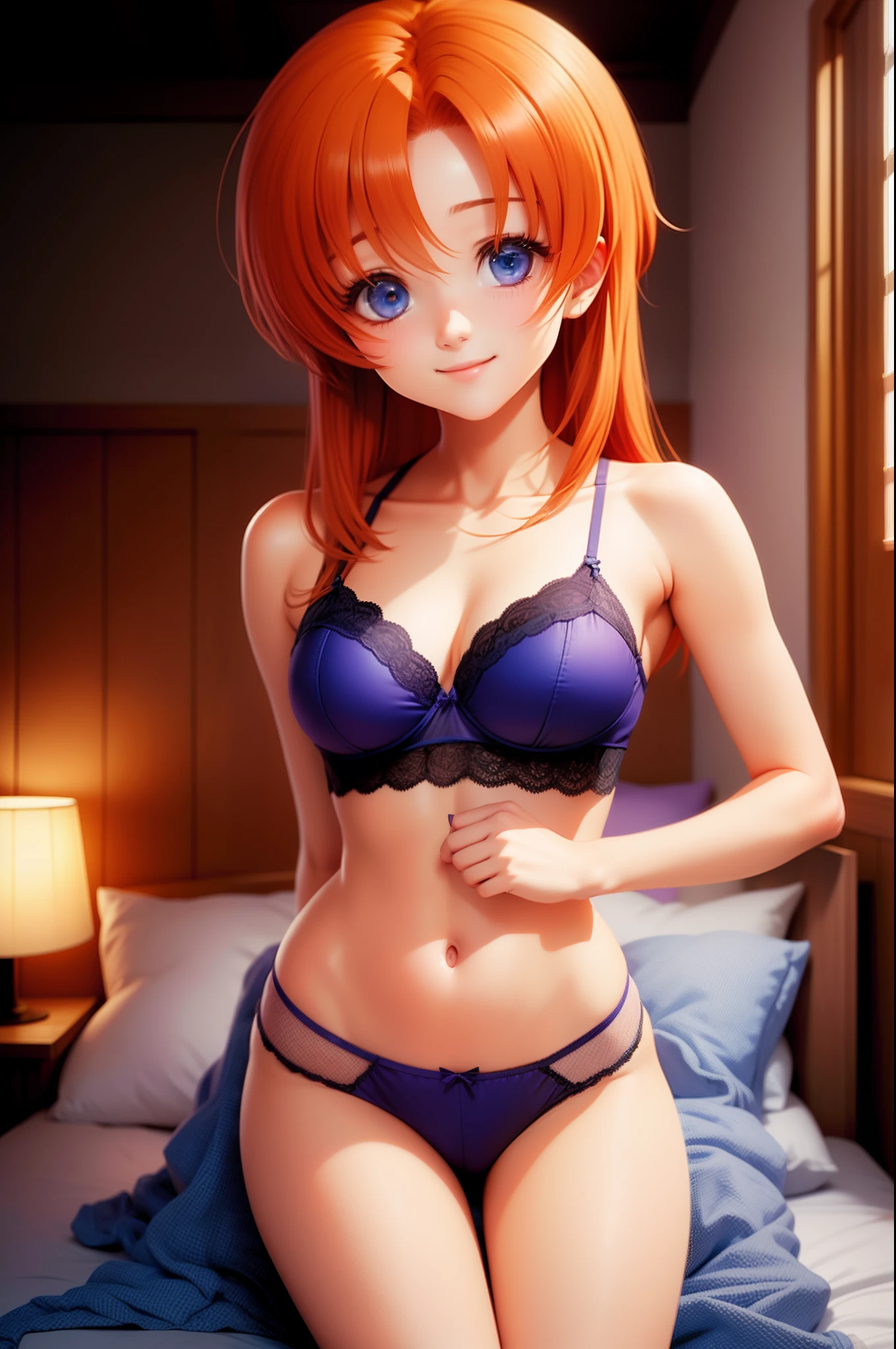 (masterpiece, best quality), 1girl, Ryuuguu Rena, orange hair, {{blue eyes}}, medium hair, higurashi no naku koro ni, pink underwear, lingerie, sexually suggestive, happy, smile, romantic, warm ambiance