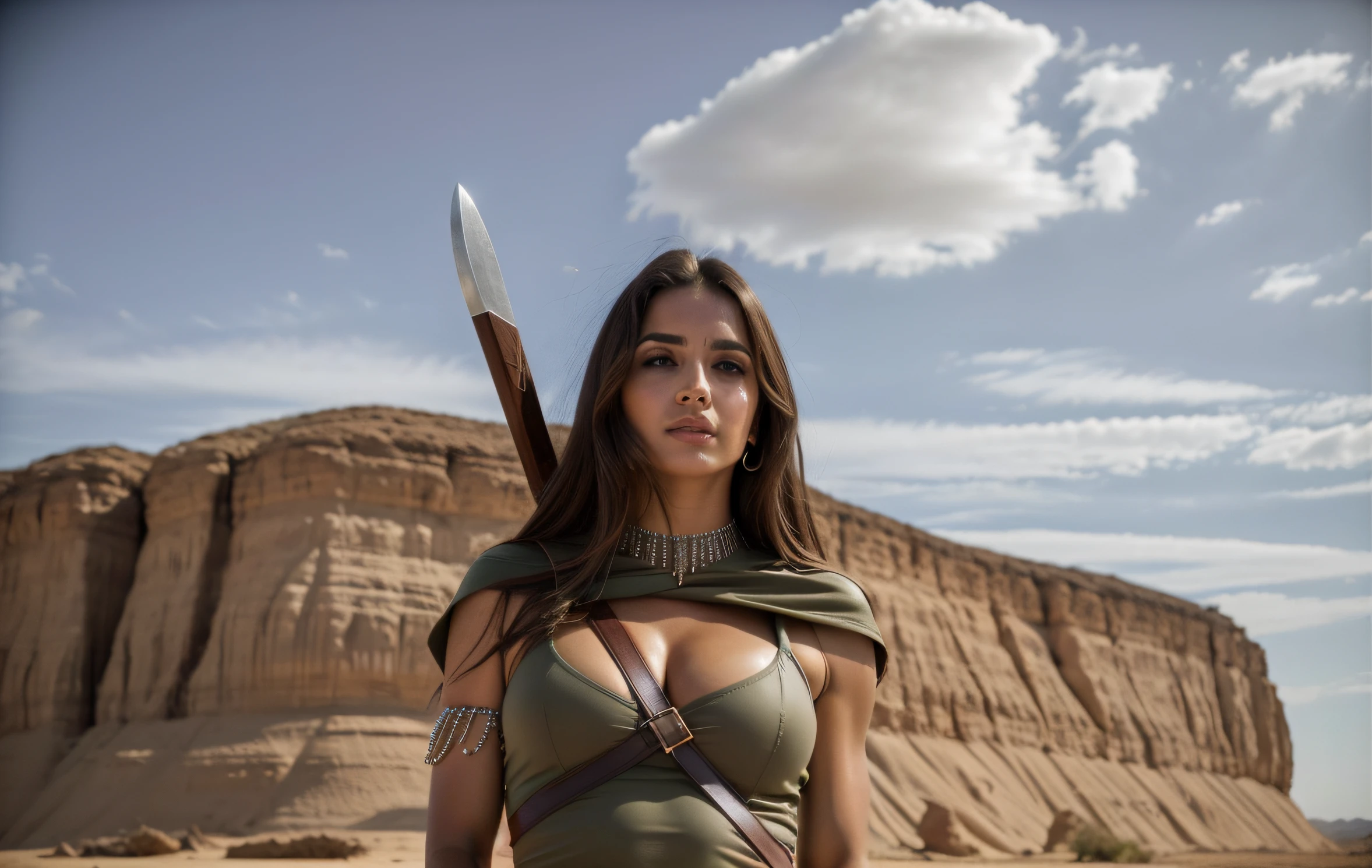mulher guerreira do Conan, andando no deserto, roupas maltrapilhas, com uma espada nas costas, rosto angelical, rosto detalhado, cabelo liso e solto, corpo perfeito, sexy, textura ultra realista