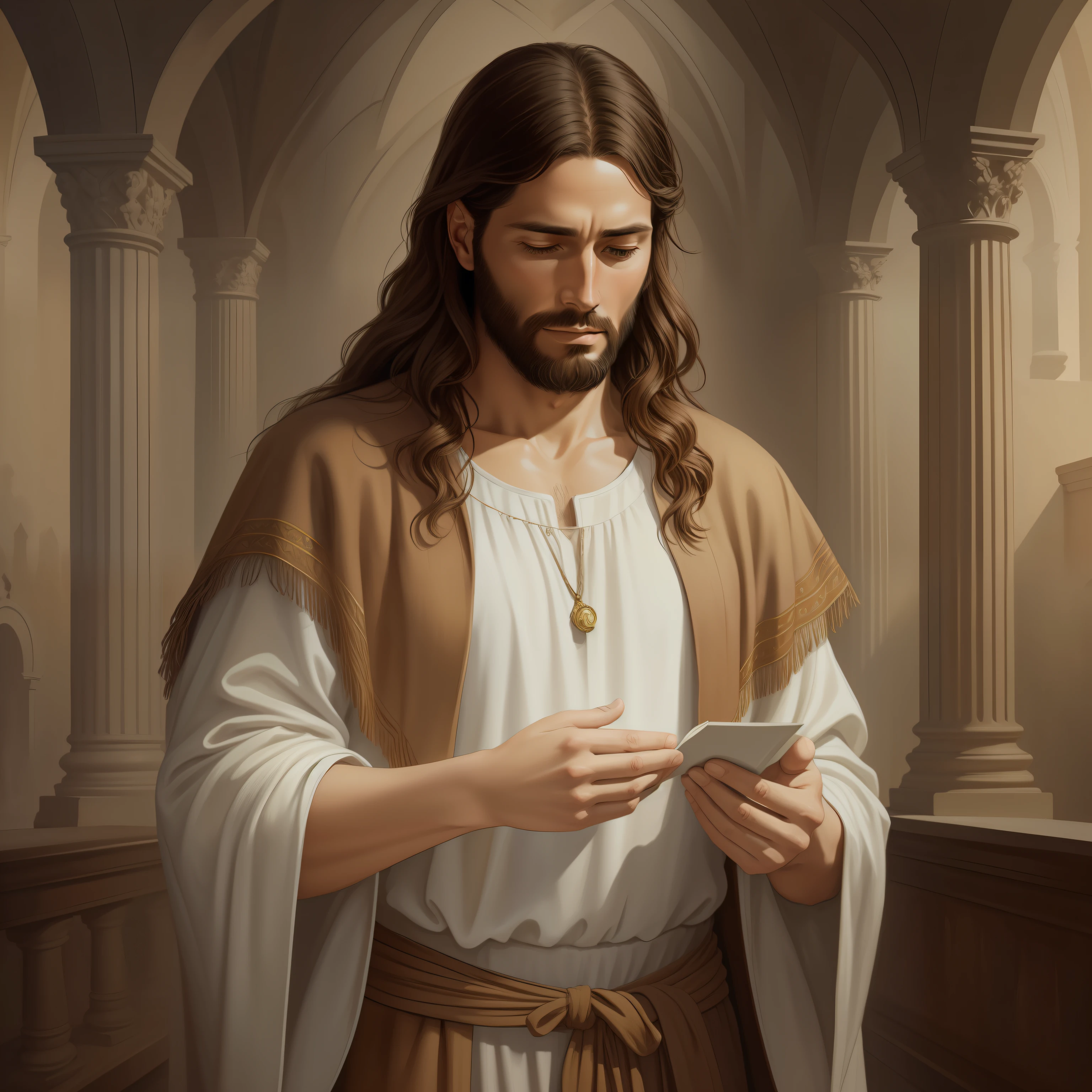 A beautiful ultra-thin realistic portrait of Jesus, the prophet, a man 33 years old Hebrew brunette, short brown hair, long brown beard, wearing long linen tunic closed on the chest part, in front view, full body, biblical, realistic,by Diego Velázquez,Peter Paul Rubens,Rembrandt,Alex Ross,8k, Concept Art, PhotoRealistic, Realistic,  Illustration, Oil Painting, Surrealism, HyperRealistic, pray , Digital art, style, watercolor, natural background, Praying ( Blessing woman)