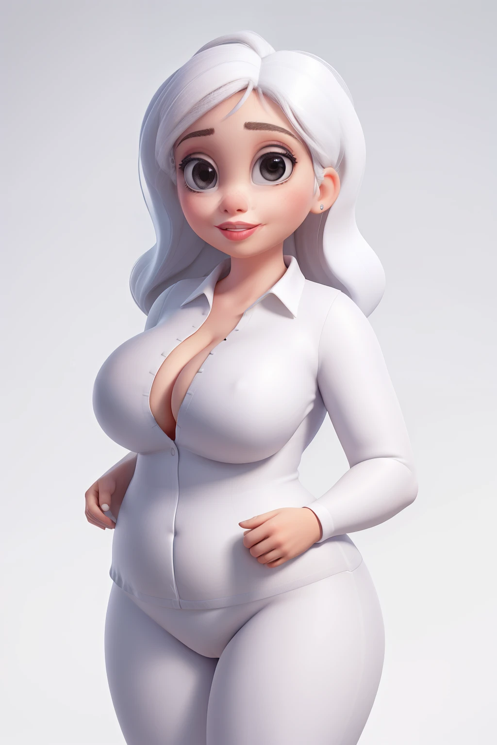 Fat white woman,whitebackground ,Close -up,big eyes,Large lipstick, makeup,Adhesive suit,big chest,white-skinned