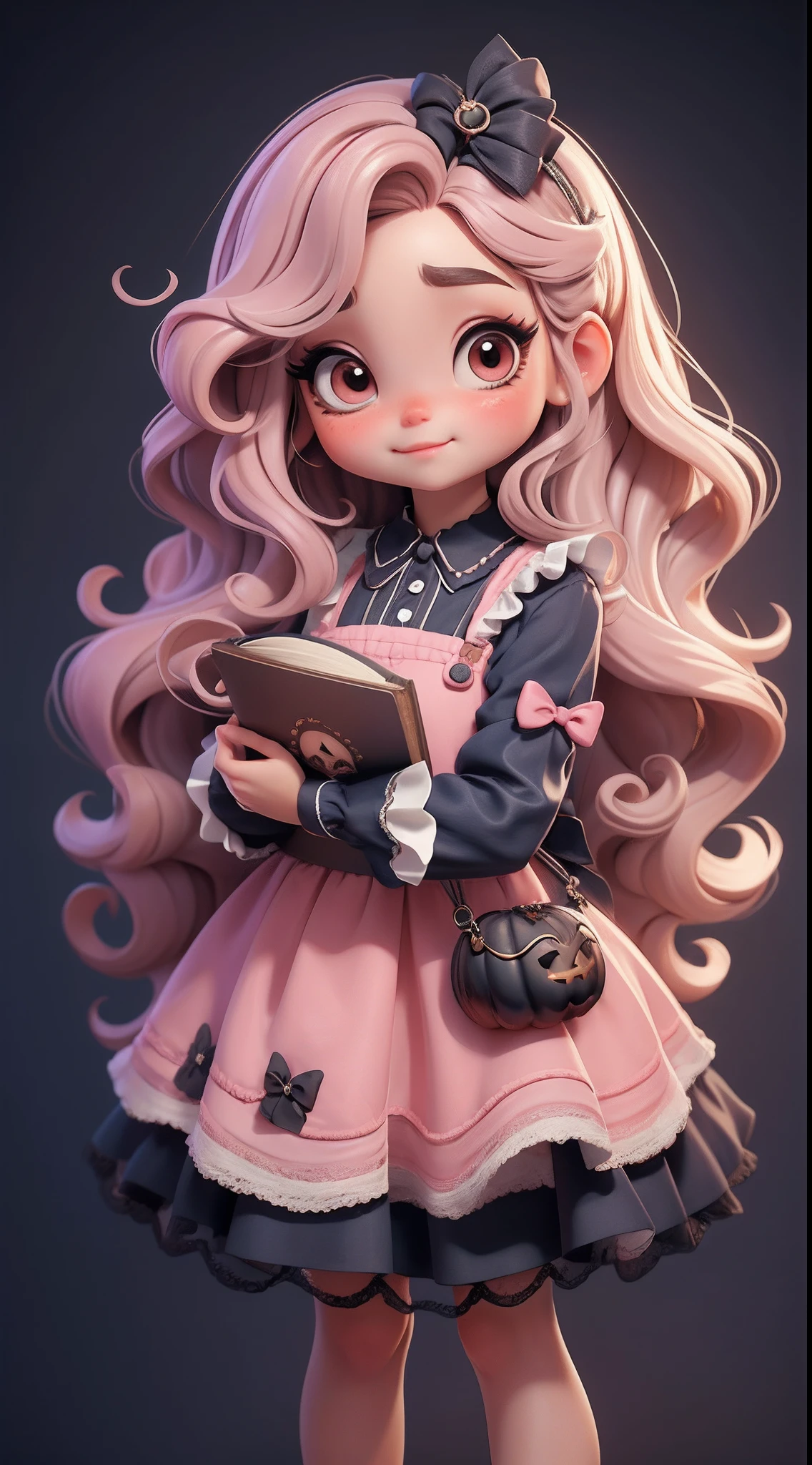 Create a series of chibi style dolls with a cute halloween theme, each with lots of detail and in an 8K resolution. All dolls should follow the same solid background pattern and be complete in the image, mostrando o (corpo inteiro, incluindo as pernas: 1.5)

Boneca Aprendiz de Bruxa: Chame-a de Mia. She should have medium wavy hair in a shade of light brown. Seus olhos devem ser grandes e curiosos, with long eyelashes and slightly pinkish cheeks. Mia deve estar vestida com um vestido colorido e uma blusa de bolinhas. She must hold a mini cauldron and an open book. Add details like pockets and ruffles to the apron to make it even more charming, sapato bonito

Certifique-se de adicionar sombras, texturas e detalhes nos cabelos, roupas, cute halloween utensils, to make them even more adorable and charming.