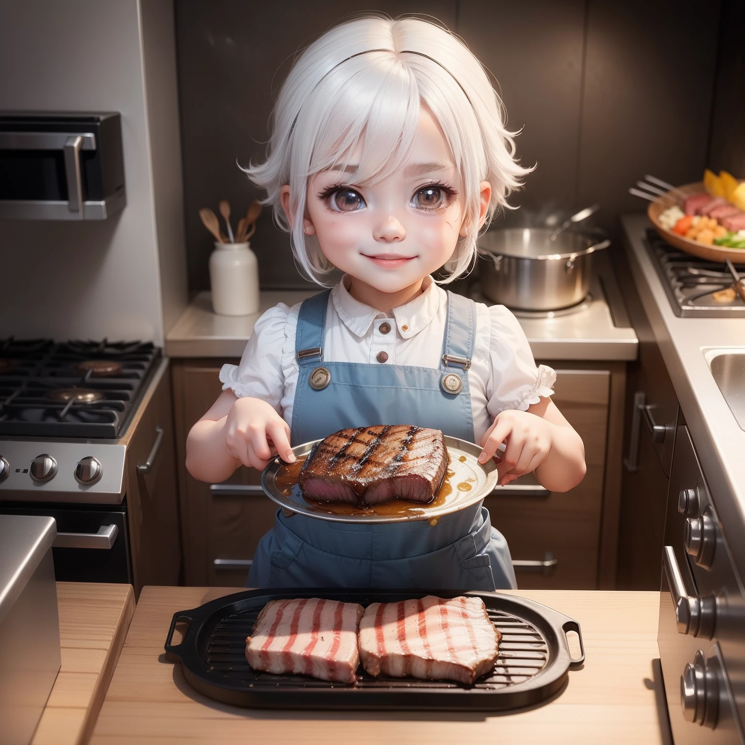 Cute  Chibi Anime,White hair,pinafore,A smile,Grilled steak,Barbecue stove on background.