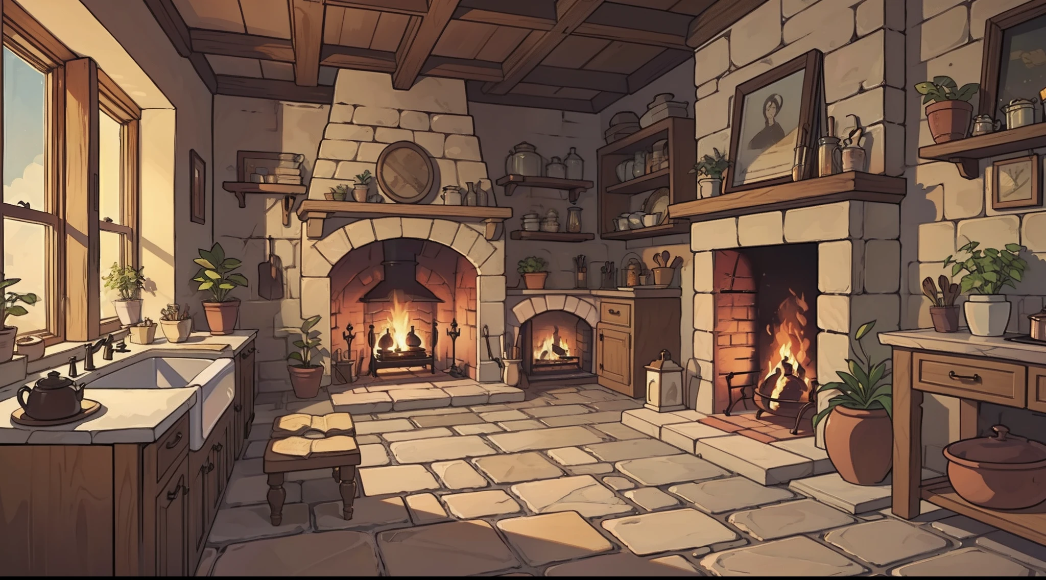 Victorian kitchen with large stone cobblestone fireplace with cauldron, big window with plants on sill, stone floor