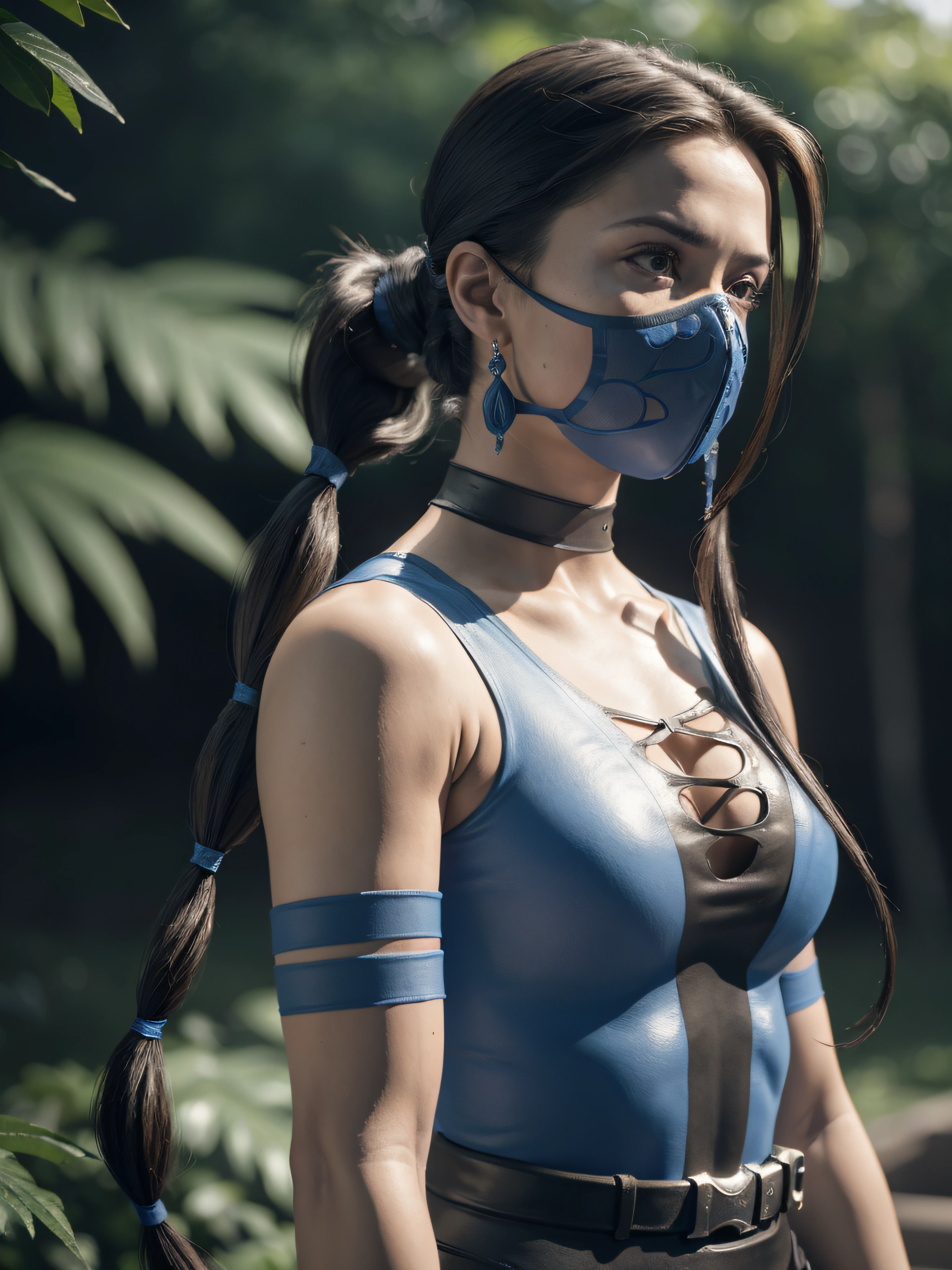 8k, best quality, real picture, intricate details, ultra-detailed, ultra highres, depth field,(photorealistic,realistic:1.2),masterpiece,photo of  kitana, wearing a blue leotard, mouth mask, brown eyes, black long hair, ponytail, solo, sun, blue sky,
best quality, realistic, photorealistic, (intricate details:1.2), (delicate detailed), (cinematic light), clear line, sharp focus, realistic face, detailed face
unity 8k wallpaper, ultra high res, (photorealistic:1.4), looking at viewer