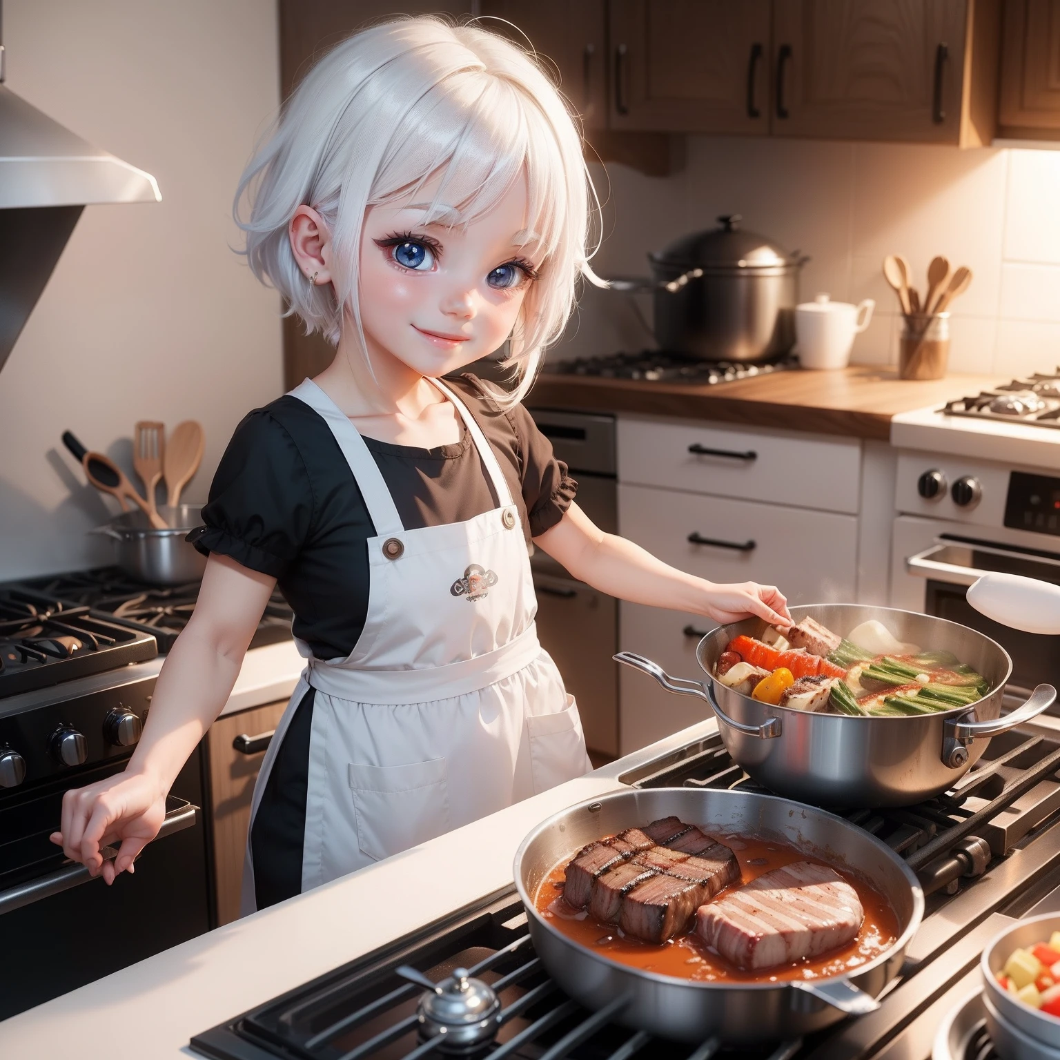 Cute Baby Chibi Anime,White hair,Cute apron,A smile,Grilled steak,veggies,Barbecue stove on background