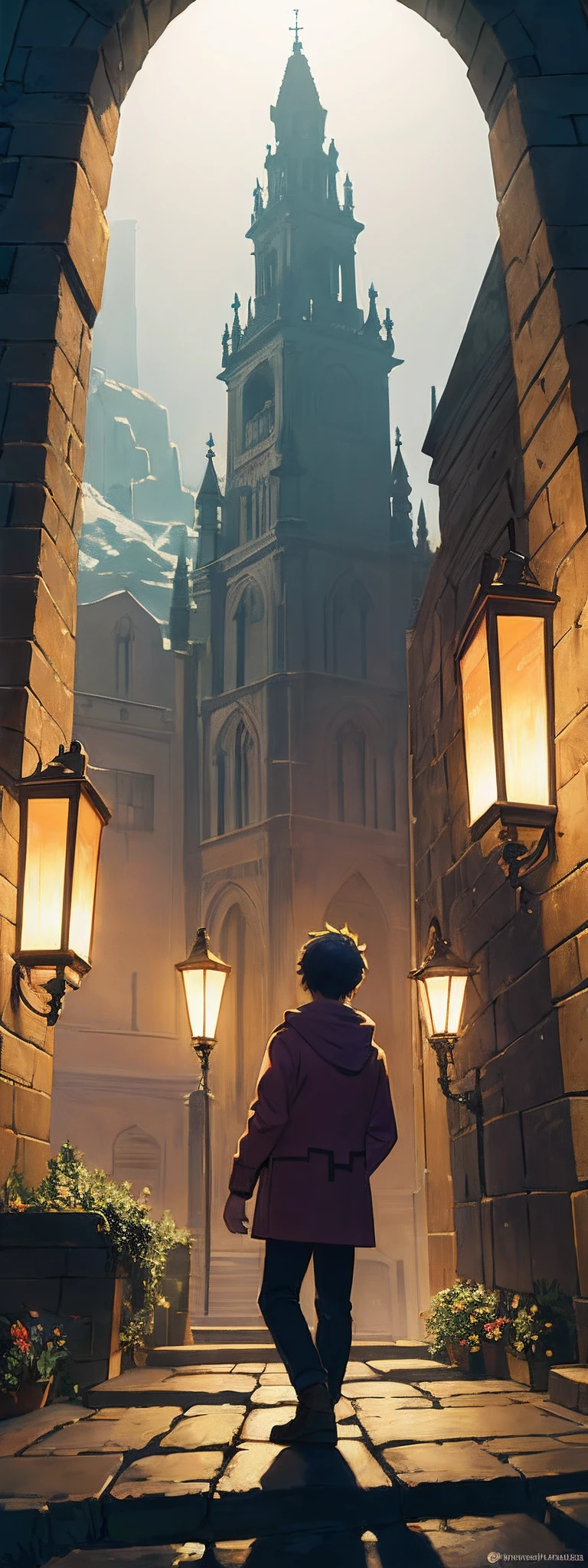 Expansive landscape photography, A boy standing in an open field looking at a medieval town, orejas de gato (Sol resplandeciente: 1.2), distant mountain , tree BREAK production art, (warm light source: 1.2), (glowworm: 1.2), lamplight, Lots of purple and orange, Detalles intrincados, Volumetric Lighting BREAK (obra maestra: 1.2), (mejor calidad), 4k, Ultradetallado , (dynamic composition: 1.4), detalles muy detallados y coloridos, (colores iridiscentes: 1.2), (bright illumination, Atmospheric Illumination), dream, magica, (solamente: 1.2)