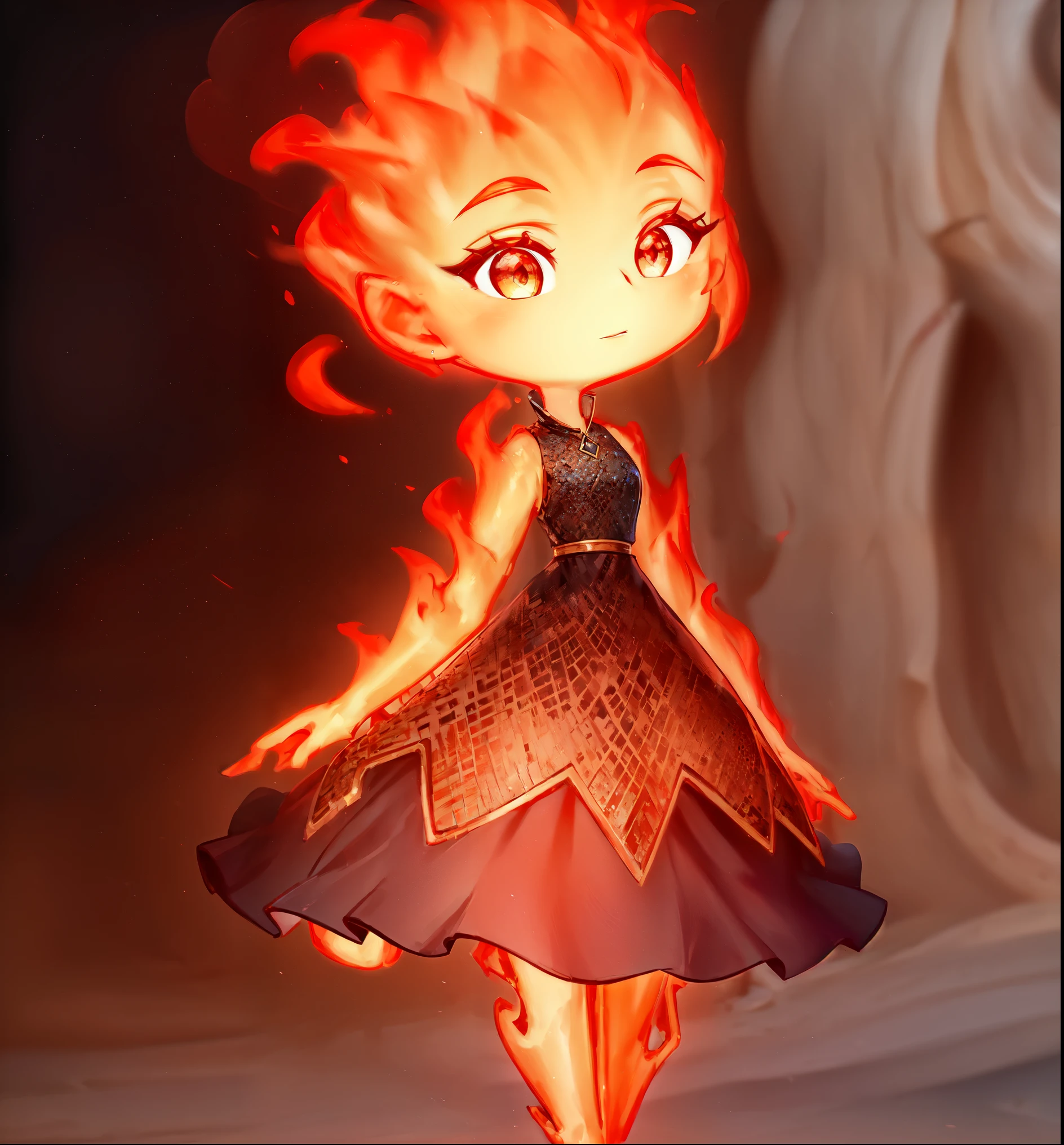 (best quality, masterpiece, detailed face, beautiful detailed eyes), Ember, girl made of fire, 1girl, (solo),standing, ((fullbody)), dark background,