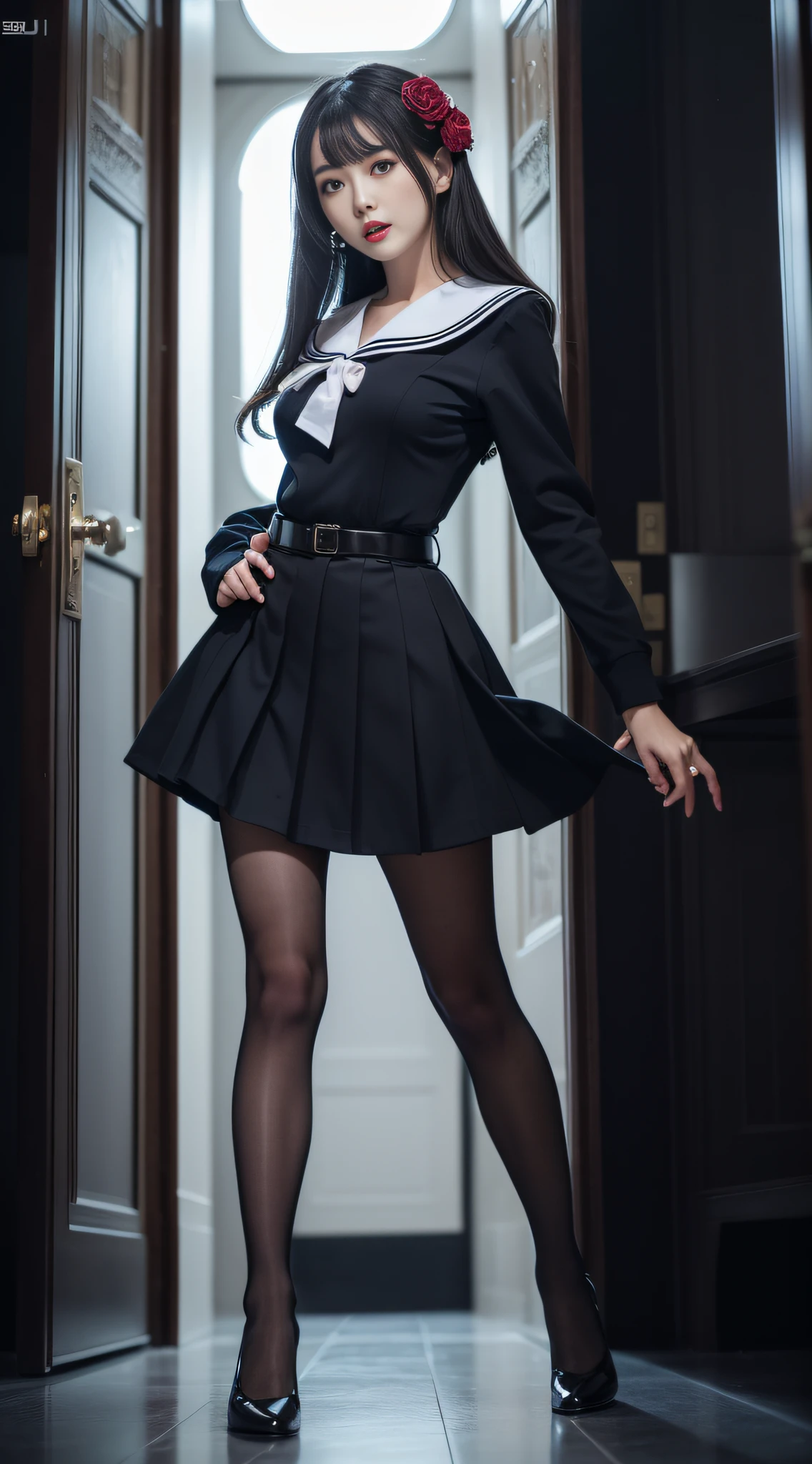 Charming beauties、a sailor suit、pleatedskirt、black pantyhose、Black flower hair ornament、charming oval face、二重まぶた、Clear eyes、Dark red lipstick、Beautiful thin legs、toned ankles、The ultra -The high-definition、The ultra-detailliert、Elegant standing figure、Create a slender lower body curve、Expressing adult femininity、top-quality、8K、ultra-detailliert、soio、9 head body、Night、Move ki、The Darkness、seductiv、brainwashed、Evil Fall、wicked
