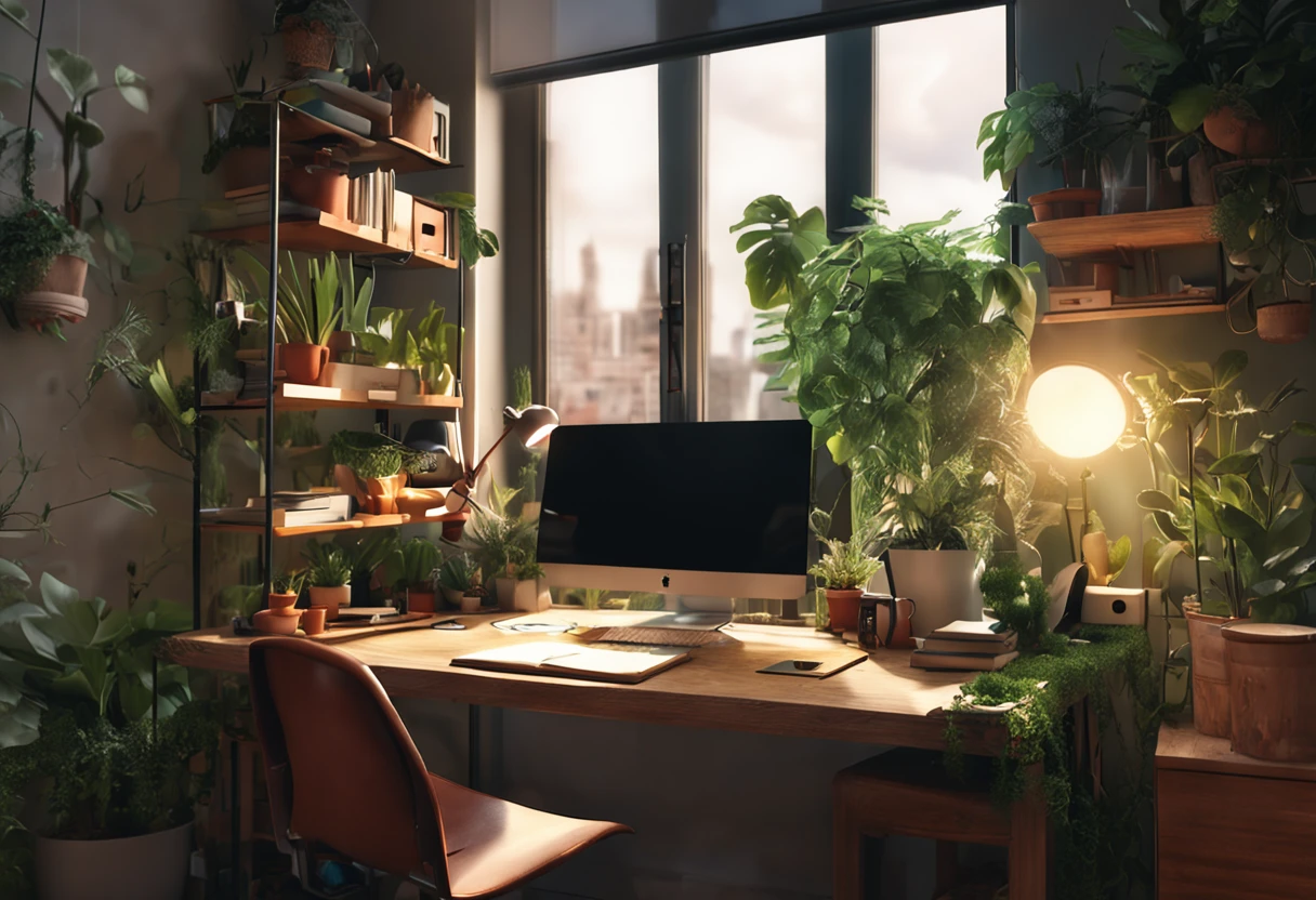 an artist desk with plants, books, paper, laptop, shelf, drawers, with a view to a green urban scenery