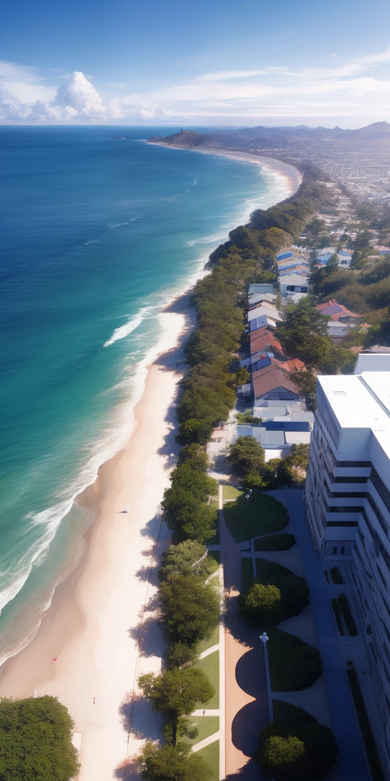 "High school overlooking the California ocean, anime-style realism, students gathered in the vibrant courtyard, breathtaking drone shot capturing the scene from above, cinematic excellence."
