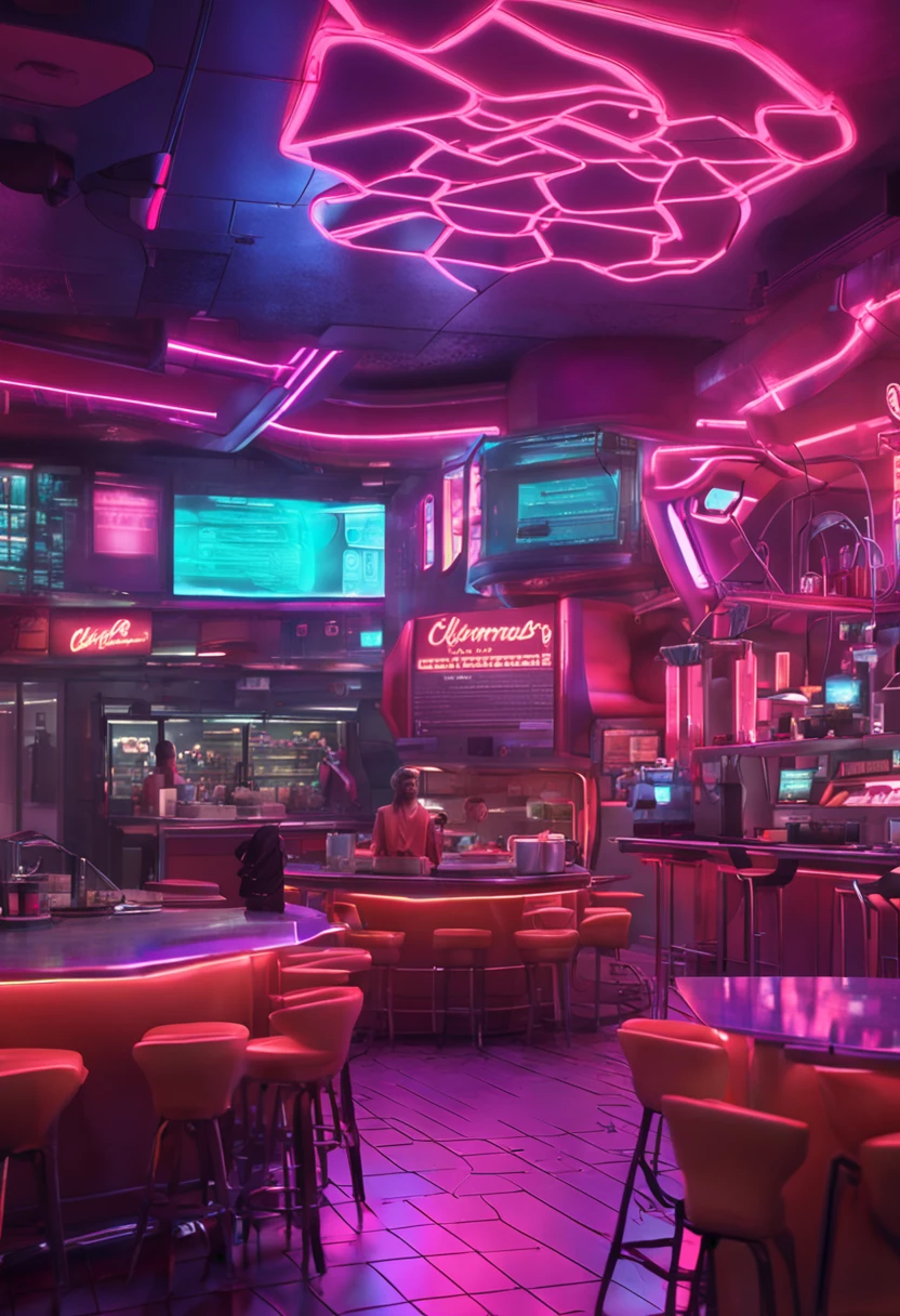 Cafeteria, cenario futurista, cyberpunk, 8k