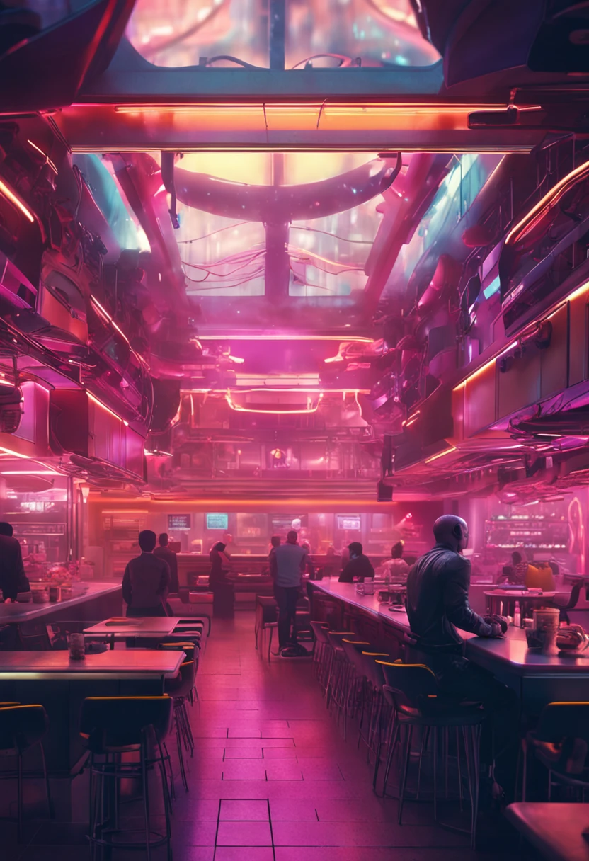 Cafeteria, cenario futurista, cyberpunk, 8k