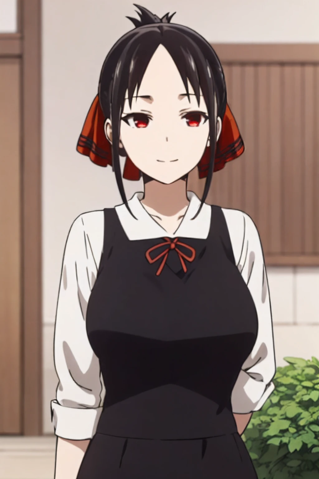 best quality, (masterpiece:1.2), detailed,
shinomiya kaguya,
1girl, solo, closed mouth, light smile,
black hair, red eyes, short hair, folded ponytail, hair ribbon, elegant clothes, red ribbon,
standing, looking at the viewer, (huge breasts), ((upper body)),