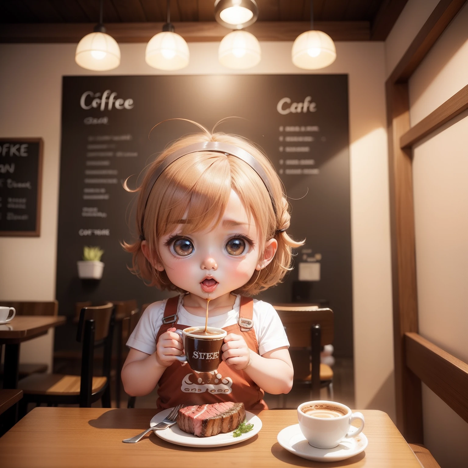 Cute  Chibi Anime,Eat steak,Inside a cute coffee shop