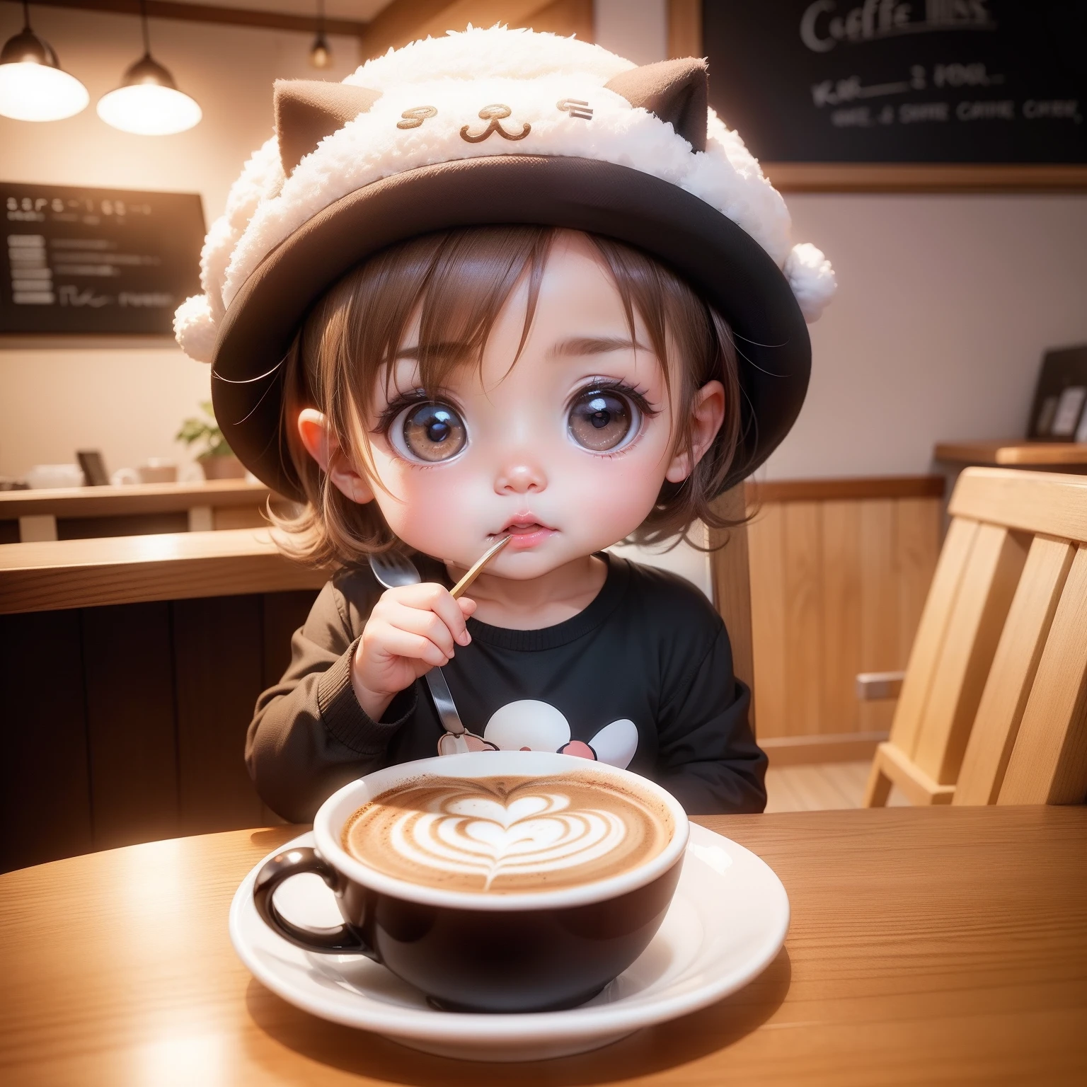 Cute Baby Chibi Anime,Eat steak,Inside a cute coffee shop