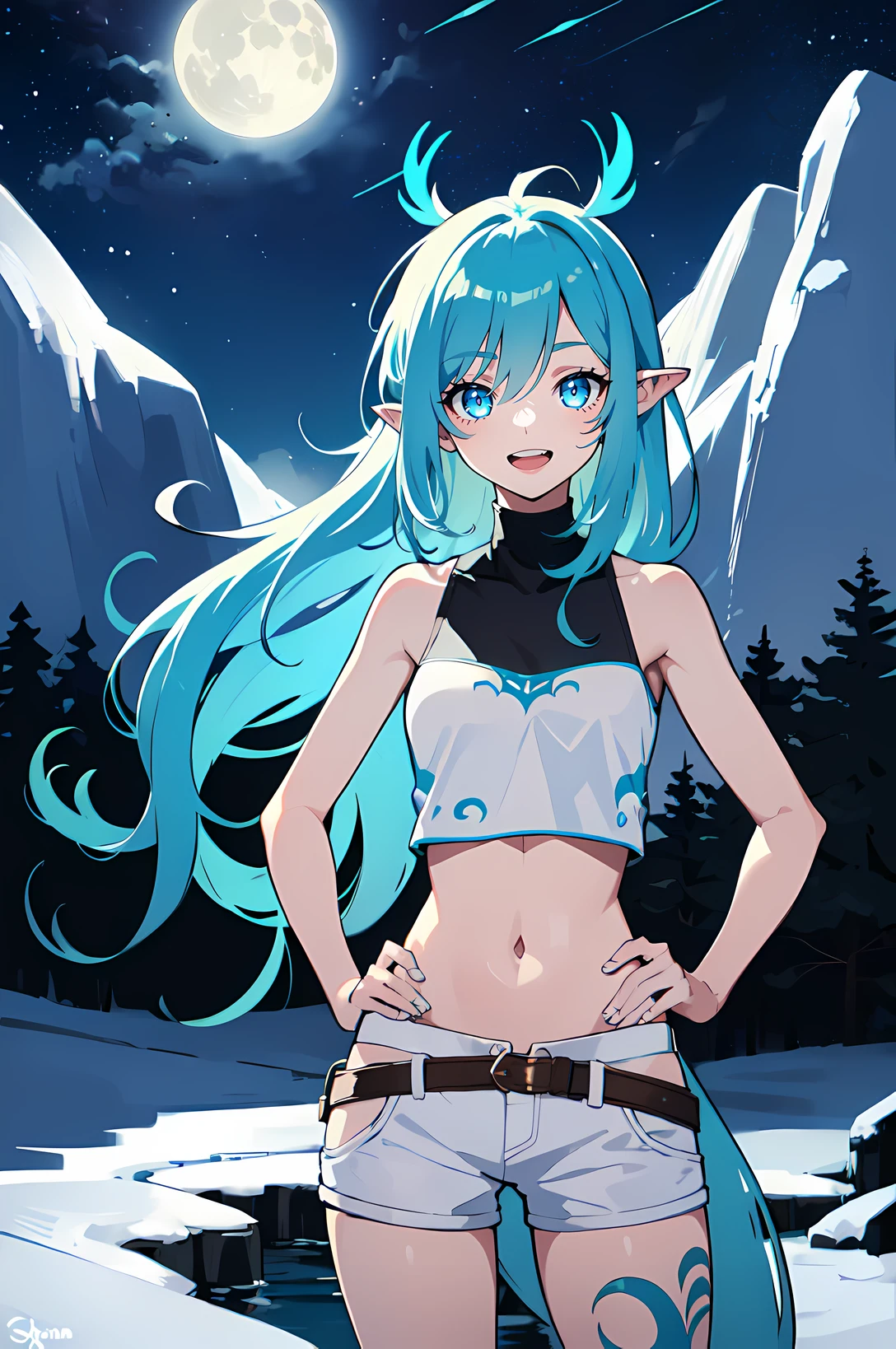 1girl, solo, (Appearance:, cyan hair, light blue hair, very long hair, grey eyes, dark eyes, small breasts, crop top, white top, navel, white shorts, white lizard tail, white tail:1.2, lizard girl:1.3, monster girl, pointy ears, blue scales, blue tattoos, blue marks), (Actions:, standing, smiling, :D, hands on hips, her tail is visible), (Scenery:, winter, forest, snow, mountains, moon, stars, nighttime), ((masterpiece, best quality))