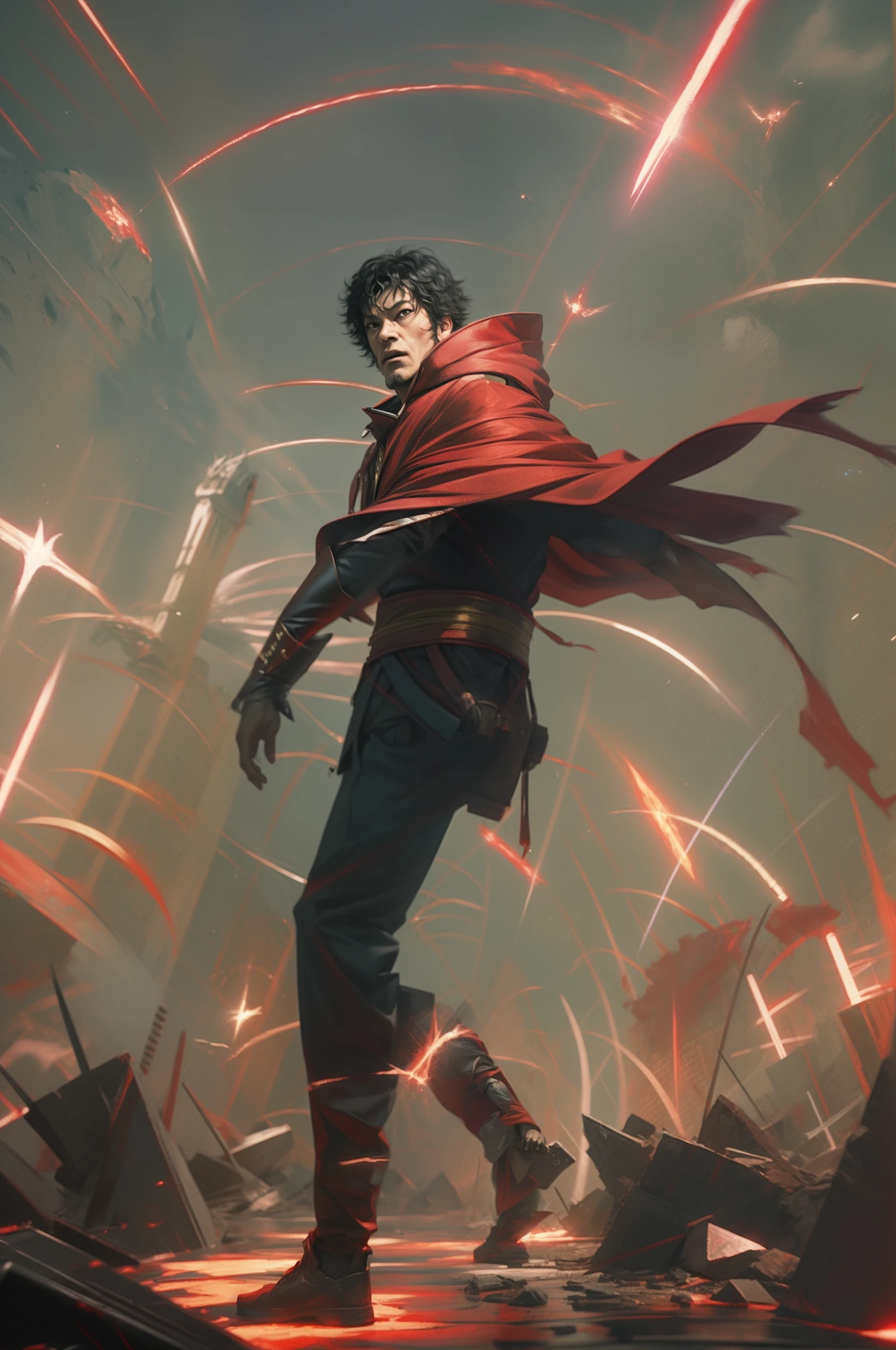 Image of a man in a red cloak flying through a red light, Efeitos visuais impressionantes, Aura Jared e Fios, Tetsuo futurista, interdimensional lightning, Filme ainda de 'Doutor Estranho', Filme ainda de 'Doutor Estranho', Tiro VFX, krypton, 2 0 2 1 cinematic 4 k framegrab, Akira CGI Filme Stills
