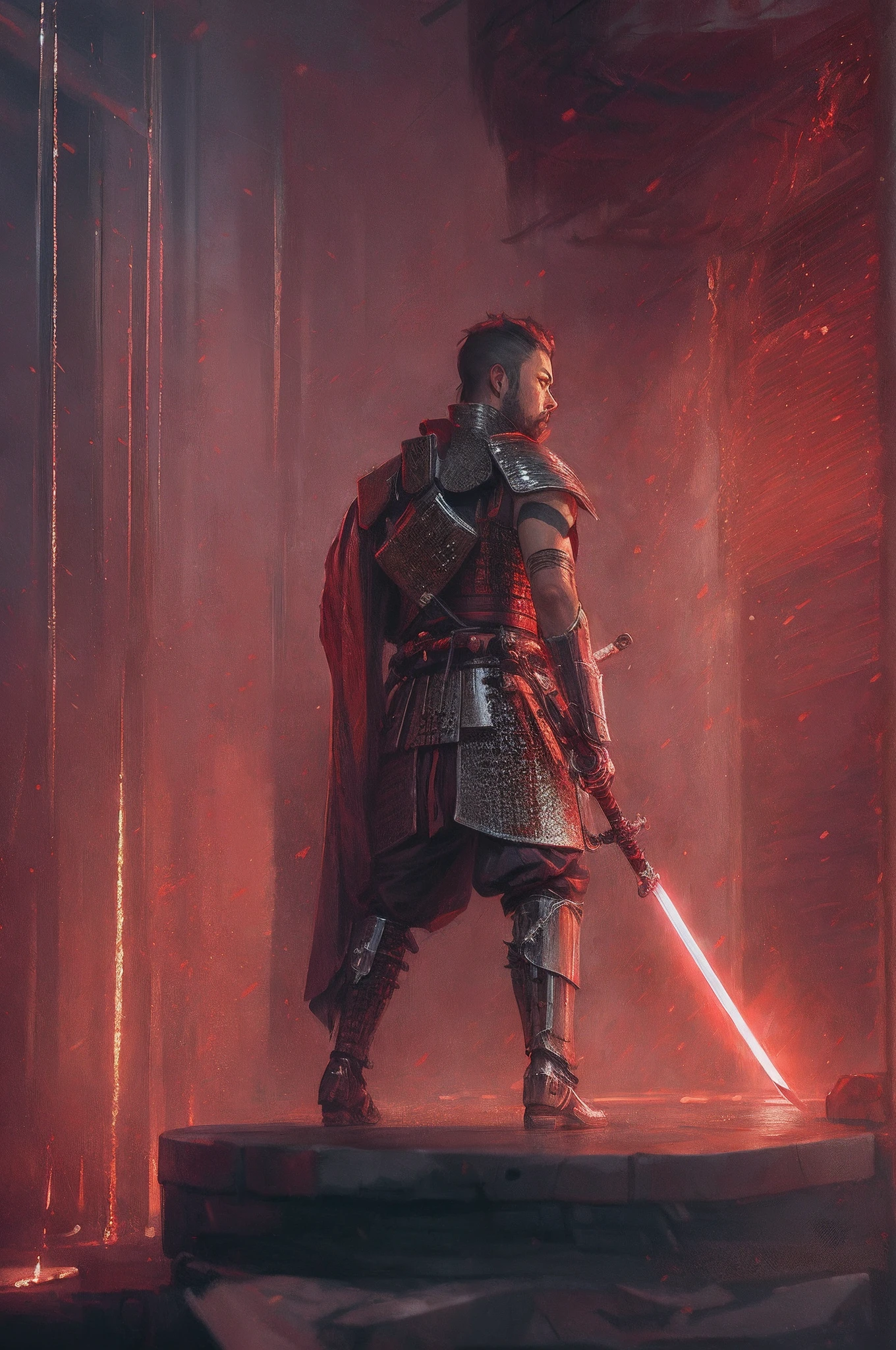 imagem arafed de um homem em armadura segurando uma espada, samurai jedi, Fantasy Style 8K Octane Rendering, red and cinematic lighting, Senhor Sith. dramatic lighting, samurai cyberpunk, Retrato de um samurai cyberpunk, Dan Mumford. 8K octane rendering, Estilo Andreas Rocha, Arte conceitual 4k, Arte conceitual 4K, cinematic digital painting, Wojtek FUS