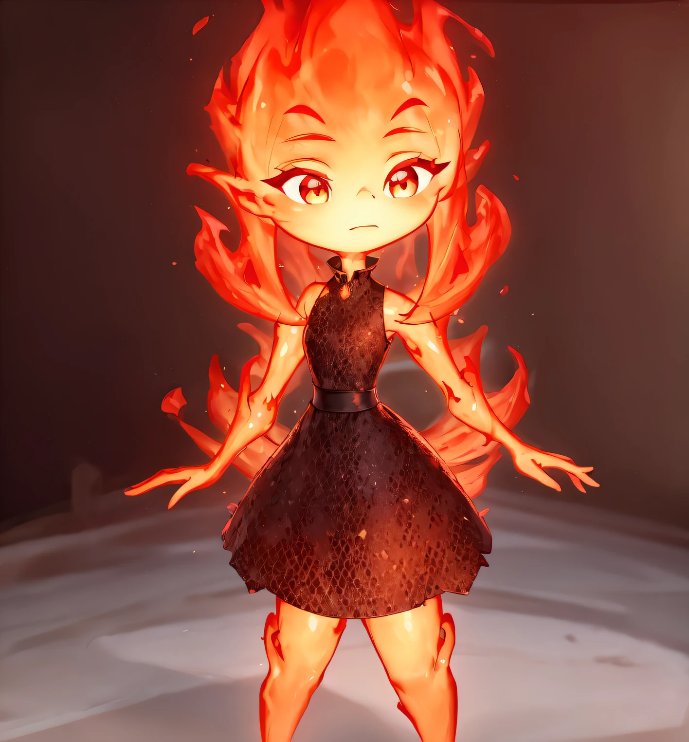 (best quality, masterpiece, detailed face, beautiful detailed eyes), Ember, girl made of fire, 1girl, (solo),standing, ((fullbody)), dark background,