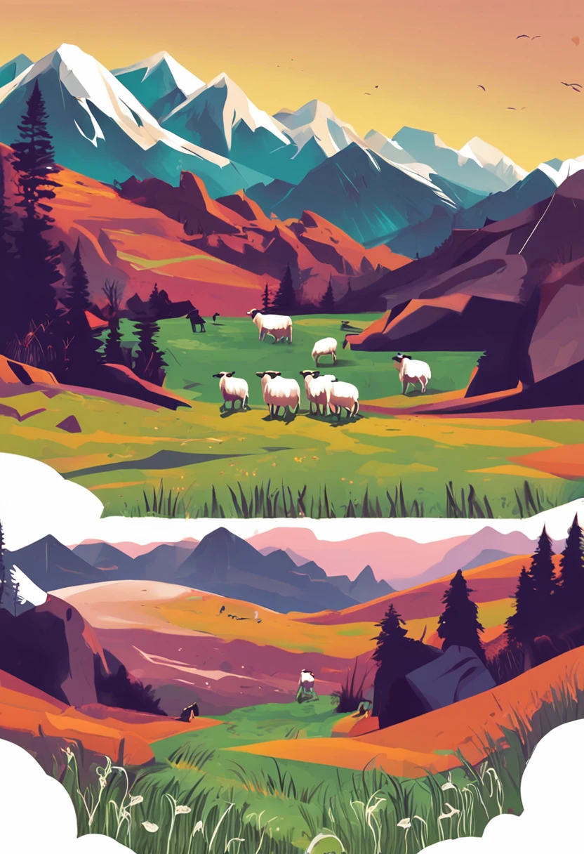 Rolling peaks，grass field，Crooked rivers，Scattered little sheep