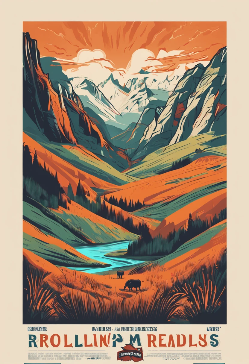 Rolling peaks,grass field,Crooked rivers,Scattered little sheep