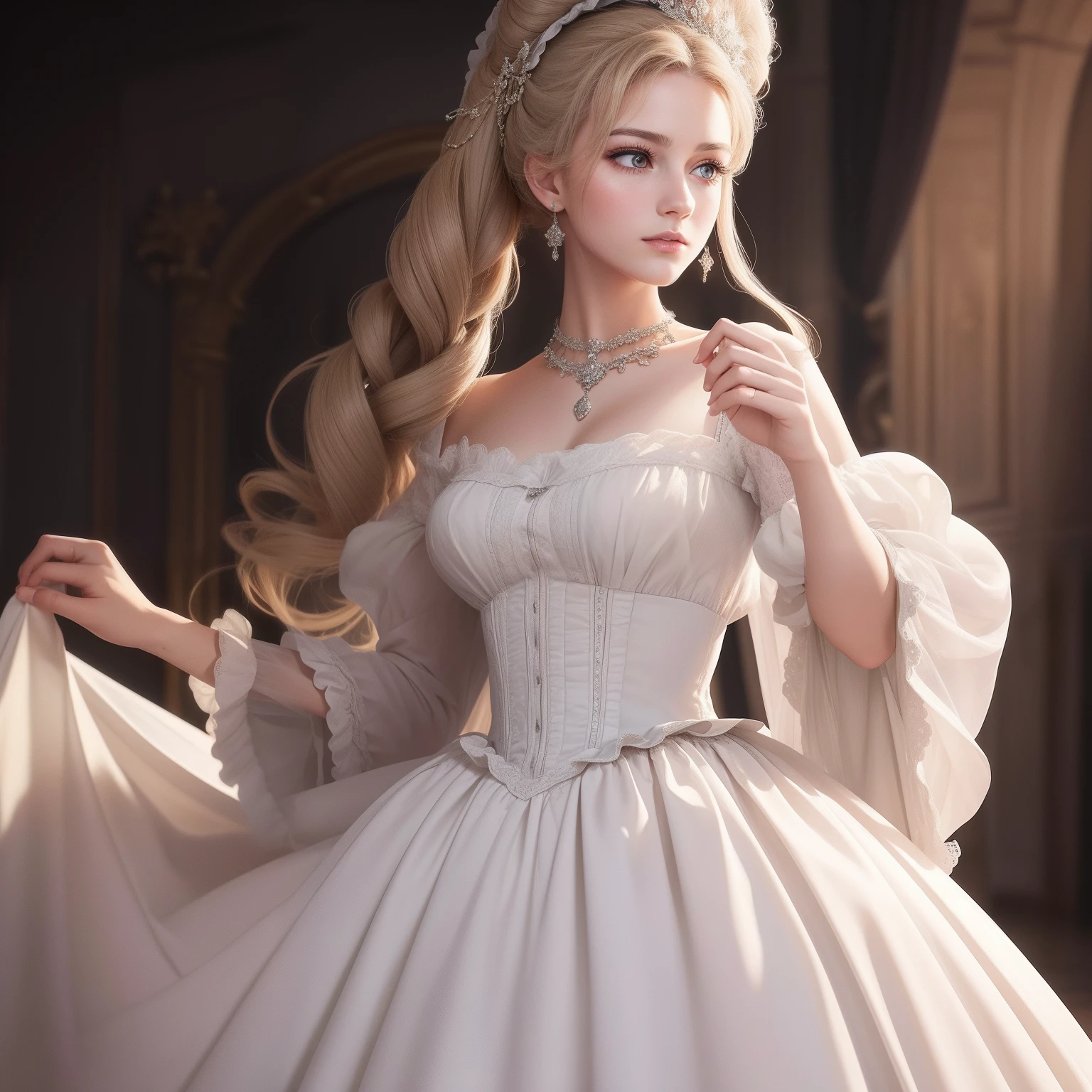 Highest Quality) , High quality(hiquality)　etc ○○ detailed – ○○ details ultra detailed(Ultra-fine ) , Extremely detailed(Extremely detailed) , Finely detailed(Fine-grained)　etc ○○ res – ○○ resolution ultra high res(超A high resolution) , very high res(hight resolution)　etc Realistic – Realistic Photorealistic – photorealistic beautiful – beautiful 4k , 8K , 16K – 4K image quality , 8K , 16k distinct – clearly Best Aesthetic – Supremely Aesthetic ，Marie Antoinette，Palace of Versailles，medieval times，ue，（（1girl in）），up hairstyle，French dress，（（Ankle-length long dress）），rokoko，pannier，hoop skirt，（（Perfect fingers））