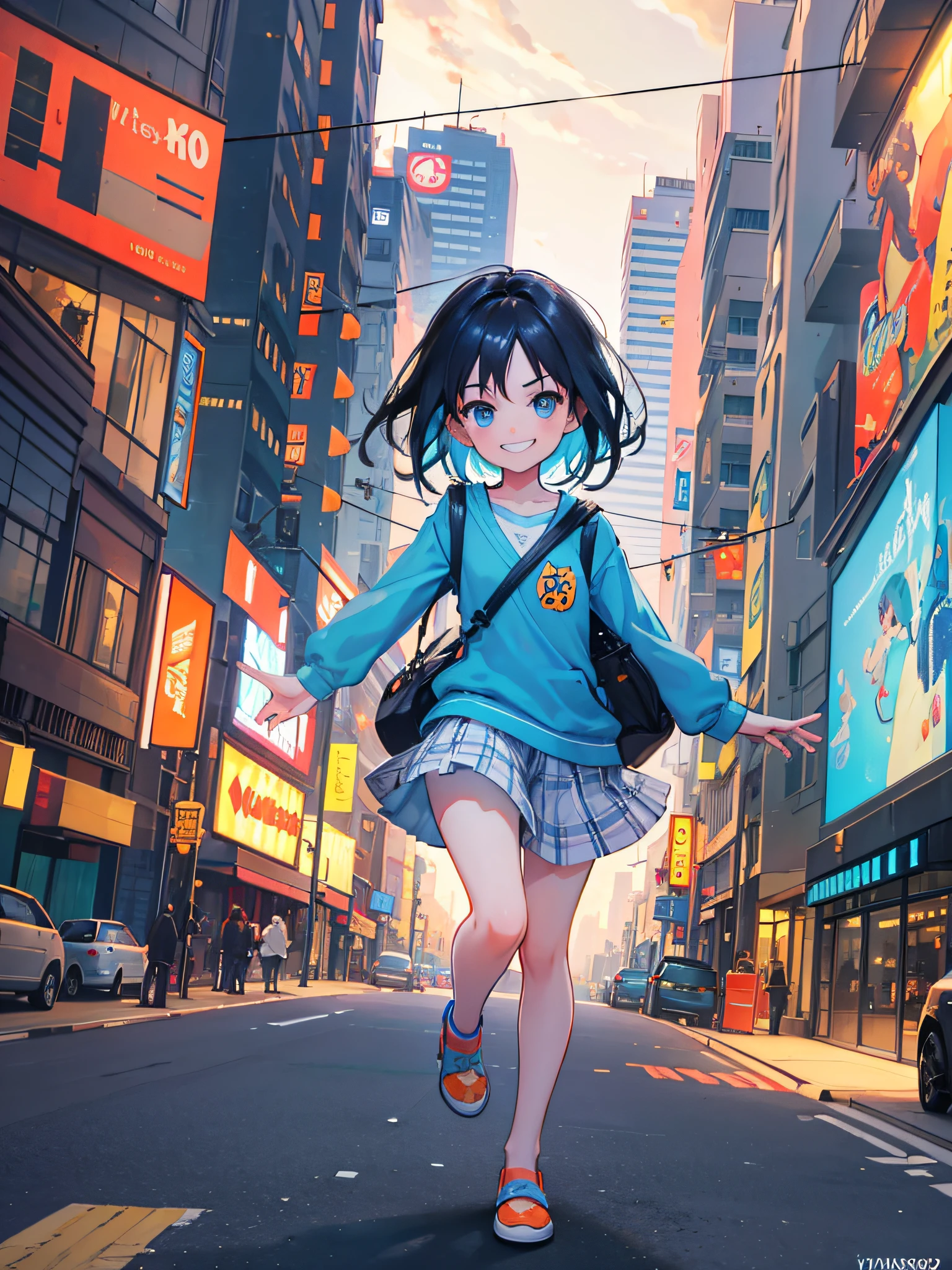 Craft a delightful 3D Pixar character, akin to the magic of Toy Story, set in a digital illustration of a bustling cityscape at dusk. Imagine hues of cool blues and warm oranges. The character, with a mischievous grin, navigates the urban landscape filled with animated objects. --v 5 --stylize 1000