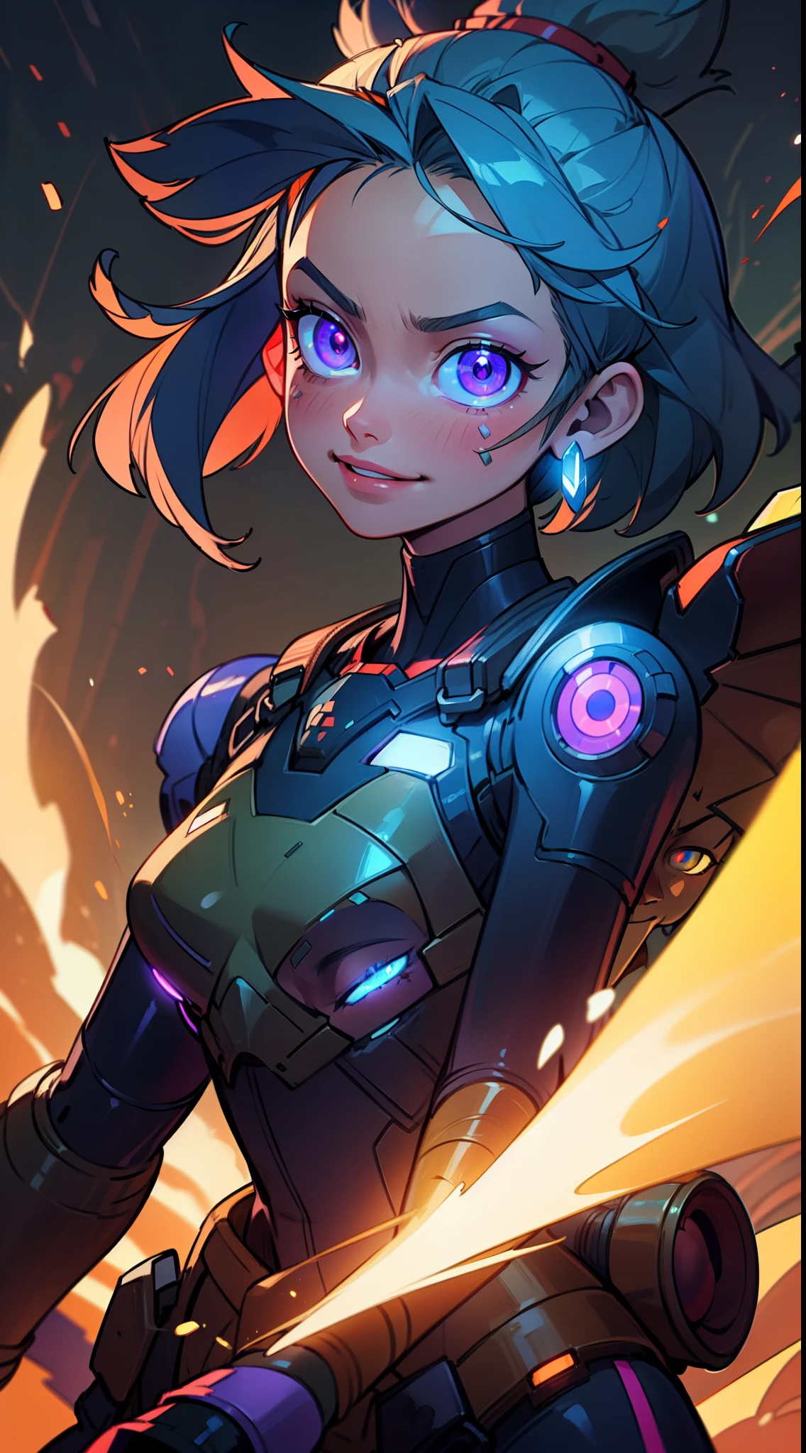 ((masterpiece)), best quality, 8k, high quality, high resolution, super detailed, ultra detailed, photorealistic, beautiful and finely detailed face and eyes, ultra detailed and detailed skin texture, expressive eyes, perfect face, 1 girl, metallic blue hair, (energy blade), glowing violet eyes, energy harness suit, (anti-gravity boots), visor with target analysis, poised for combat in a high-tech training arena, focused expression, ((battle-ready smirk)), night, illuminated training facility, holographic projections, high-intensity training, (futuristic soundscape), (virtual simulations), since evening, Nyx, enhanced eyes, "Ready Player One" inspired background.
