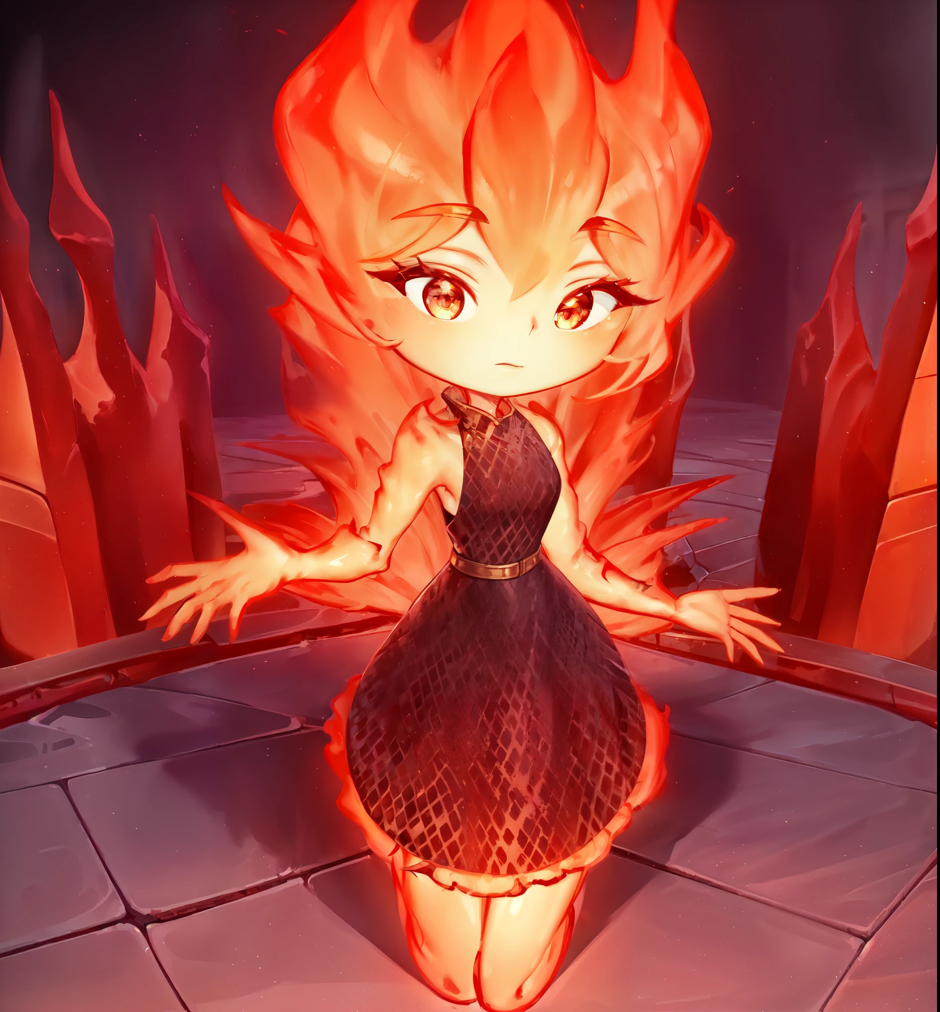 (best quality, masterpiece, detailed face, beautiful detailed eyes), Ember, girl made of fire, 1girl, (solo),standing, ((fullbody)), dark background,