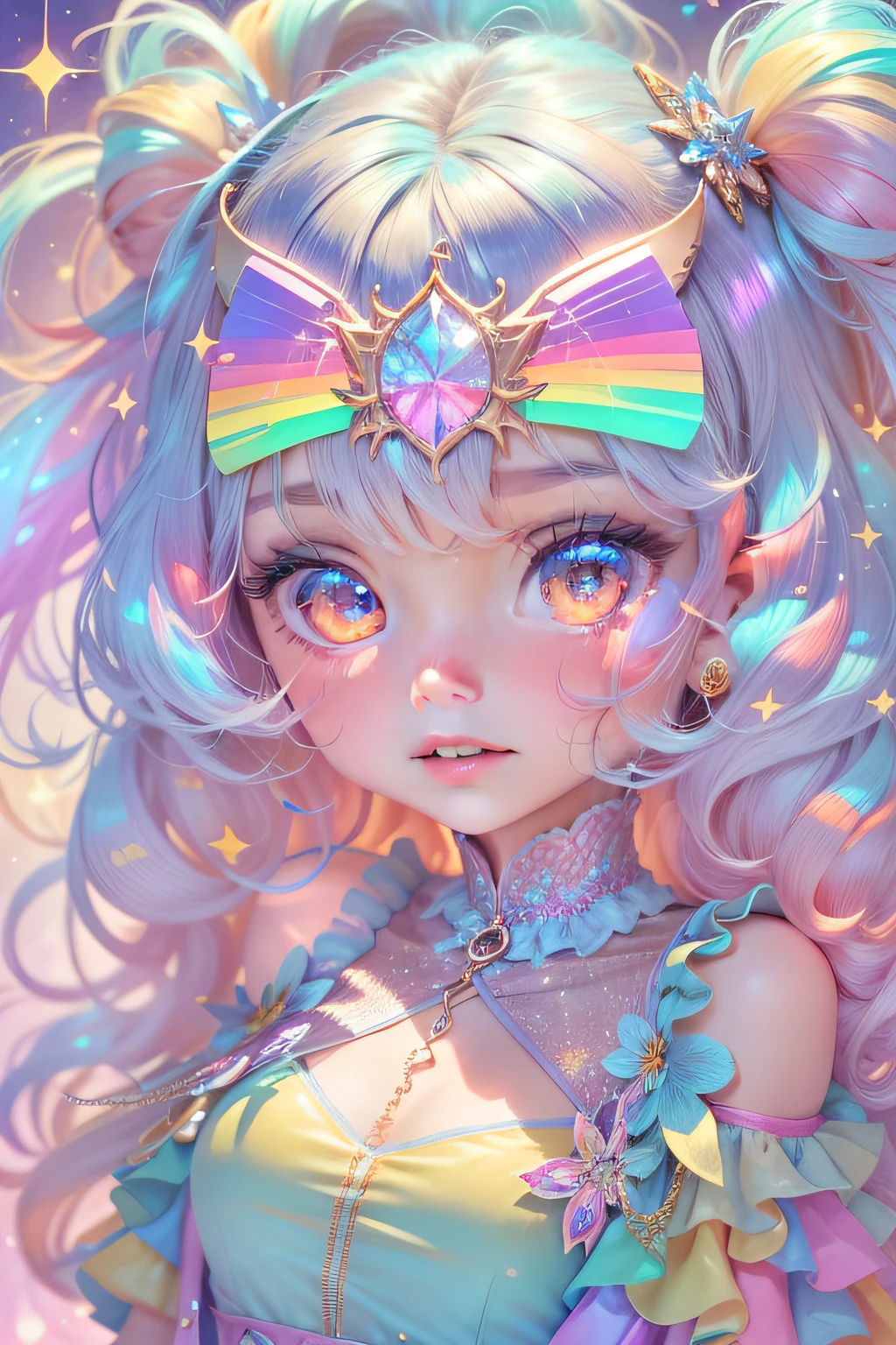 "Adorable girl in a stunning rainbowcore outfit, surrounded by an iridescent and sparkly rainbow background."