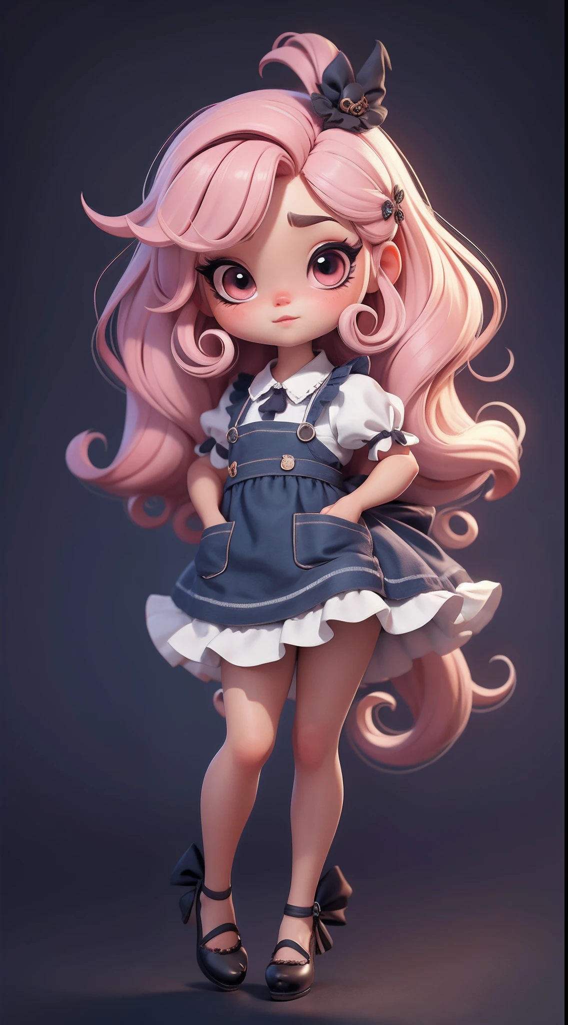 Create a series of chibi style dolls with a cute halloween theme, each with lots of detail and in an 8K resolution. All dolls should follow the same solid background pattern and be complete in the image, mostrando o (corpo inteiro, incluindo as pernas: 1.5)

Boneca Aprendiz de Bruxa: Chame-a de Mia. Ela deve ter cabelos ondulados e grandes. Seus olhos devem ser grandes e curiosos, with long eyelashes and slightly pinkish cheeks. Mia deve estar vestida com um vestido colorido e uma blusa de bolinhas. Add details like pockets and ruffles to the apron to make it even more charming, sapato bonito

Certifique-se de adicionar sombras, texturas e detalhes nos cabelos, roupas, Cute Halloween utensils, to make them even more adorable and charming.