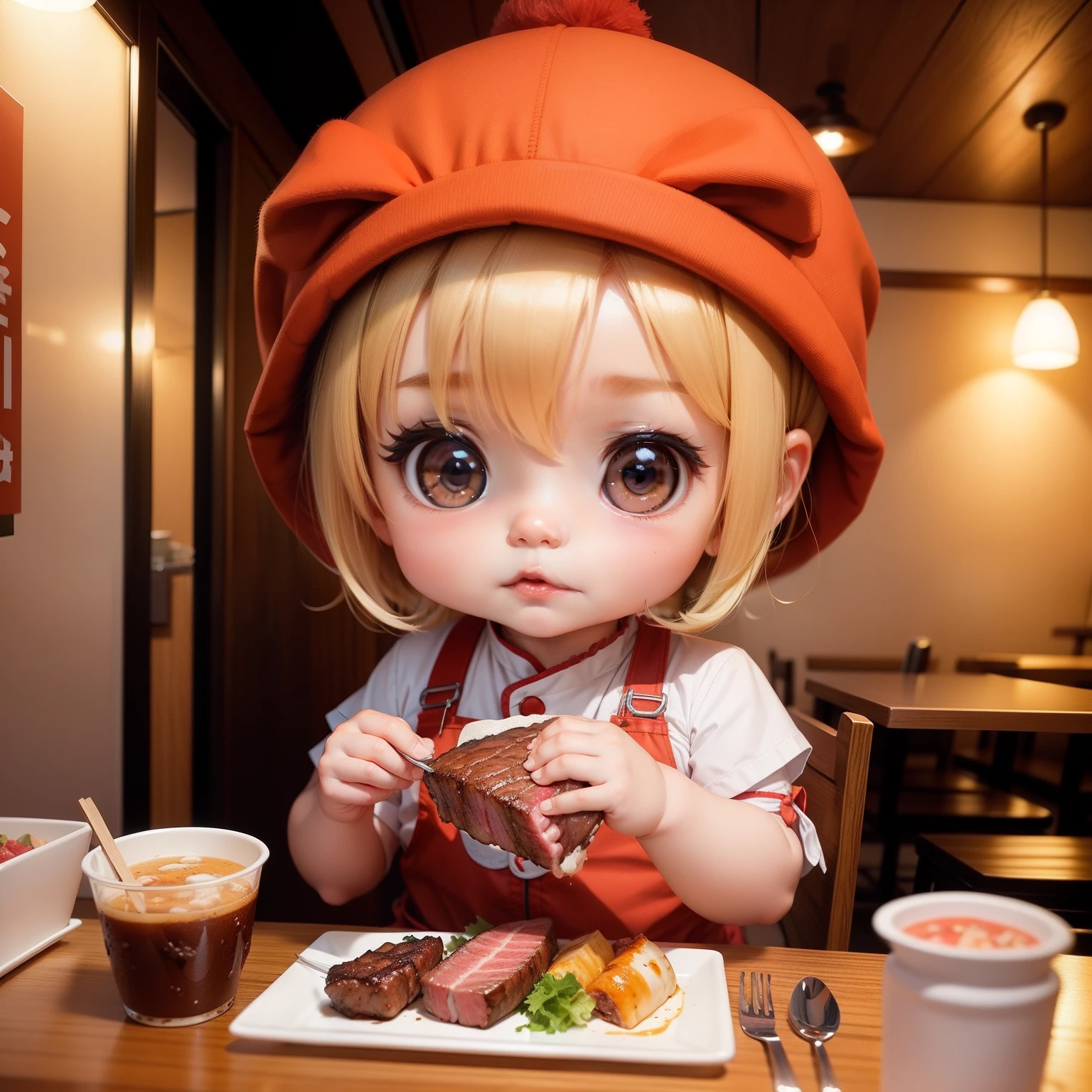 Cute Chibi Anime,Eat steak,Inside a cute yakiniku restaurant
