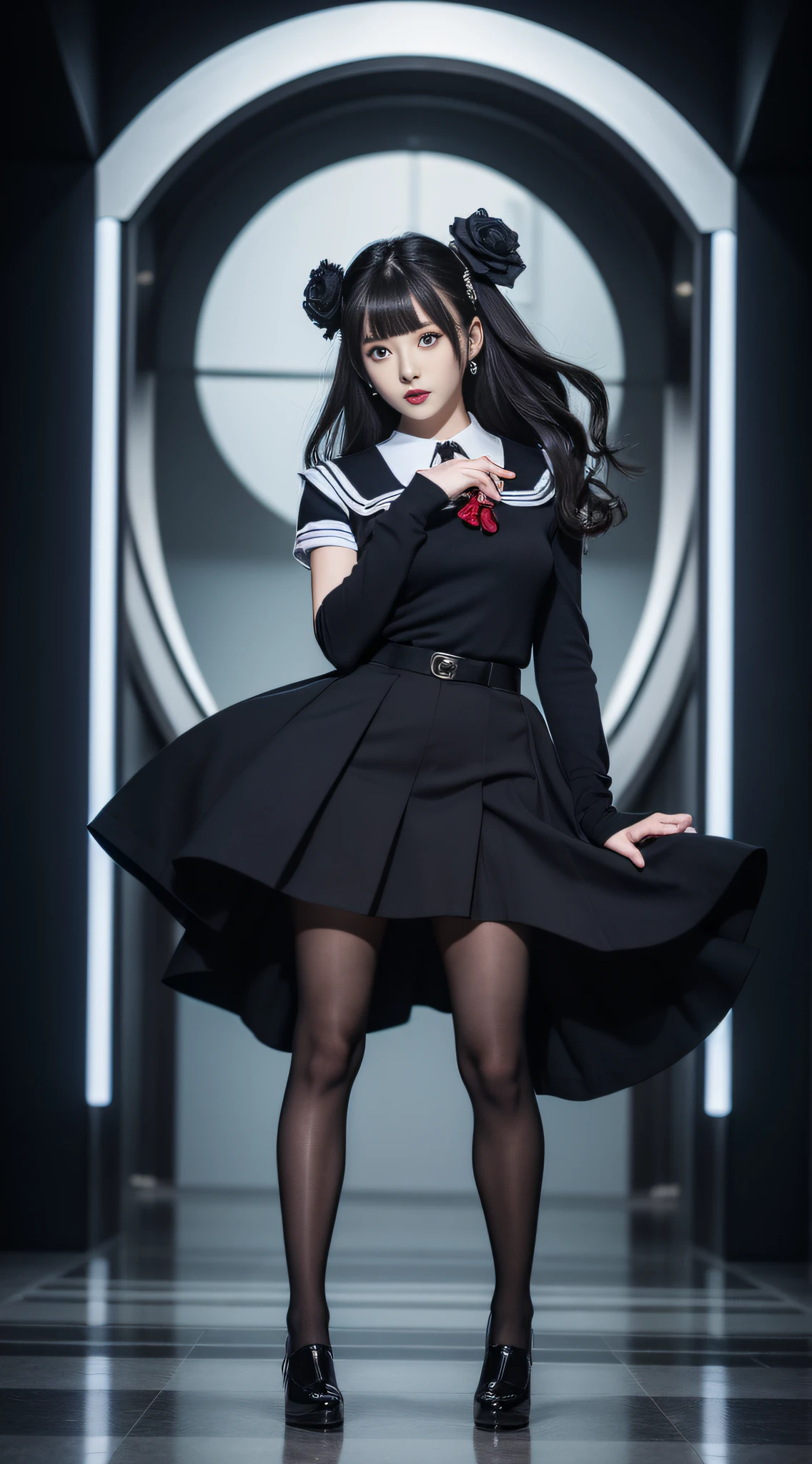 Charming beauties、a sailor suit、pleatedskirt、black pantyhose、Black flower hair ornament、charming oval face、二重まぶた、Clear eyes、Dark red lipstick、Beautiful thin legs、toned ankles、The ultra -The high-definition、The ultra-detailliert、Elegant standing figure、Create a slender lower body curve、Expressing adult femininity、top-quality、8K、ultra-detailliert、soio、9 head body、Night、Move ki、The Darkness、seductiv、brainwashed、Evil Fall、wicked
